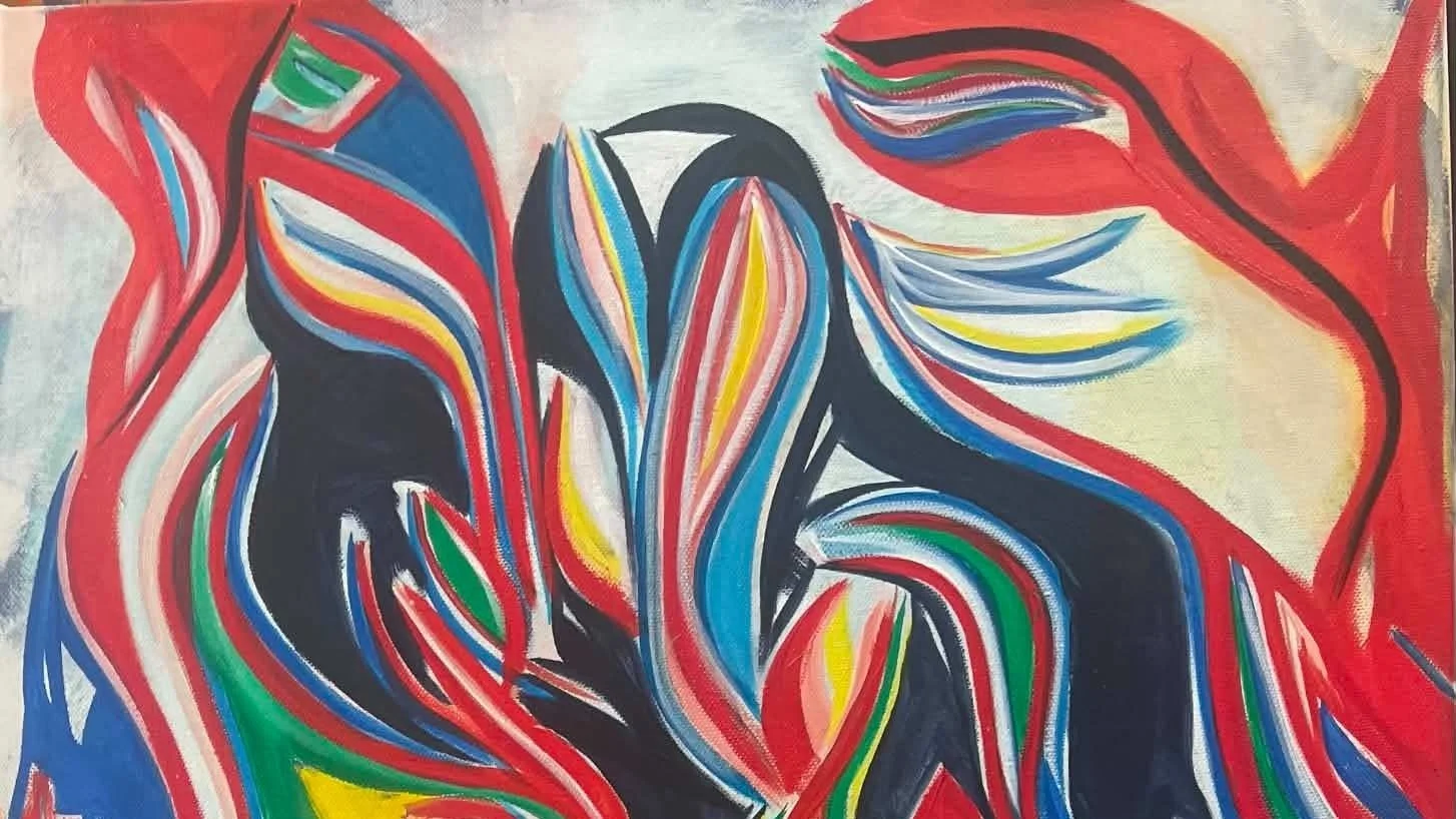 Detail of an abstract painting by James Kenton Pierce with red, blue, green, black, and white sweeping forms.