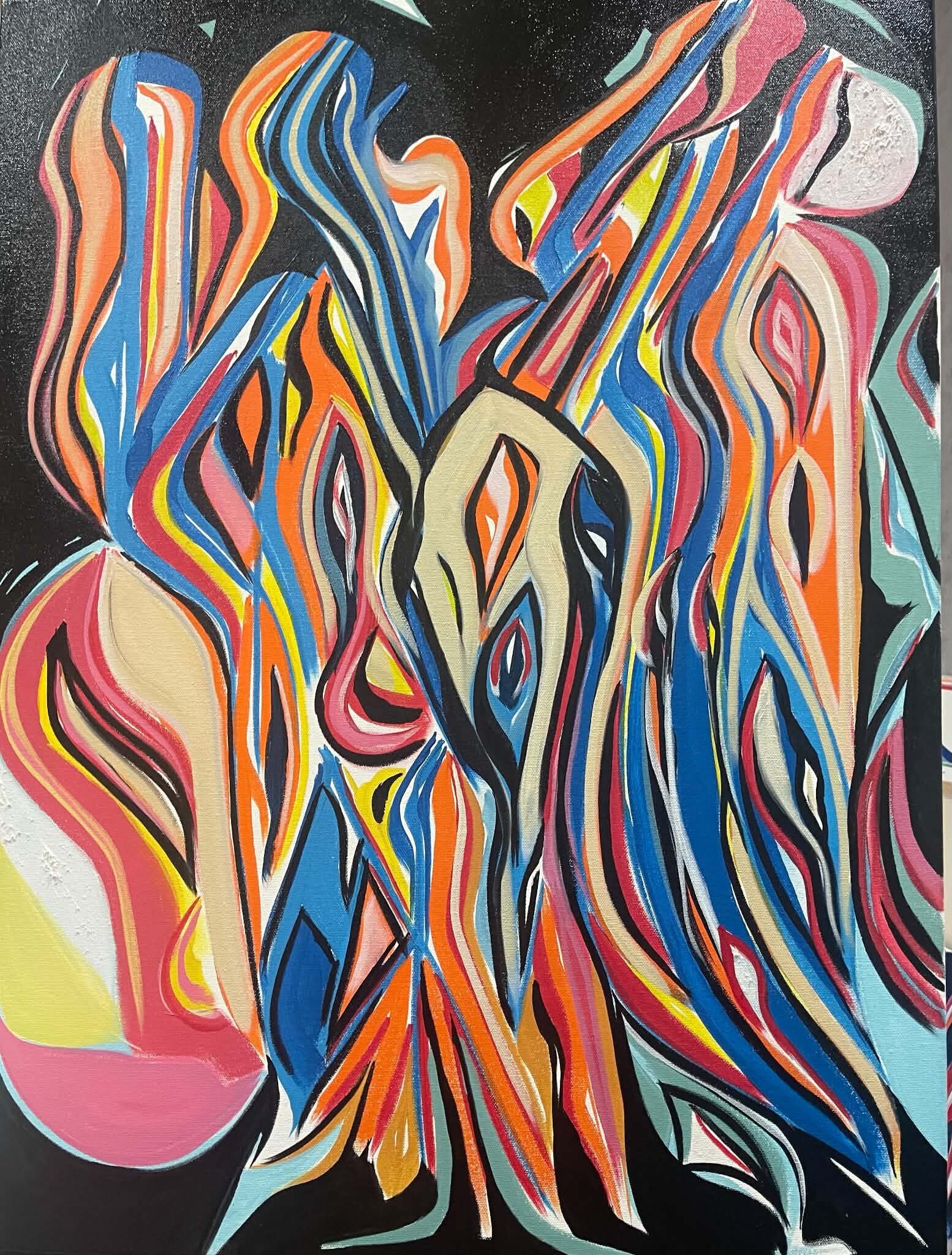 Flame Garden by James Kenton Pierce, with vivid orange, blue, pink and cream forms rising from a dark field.