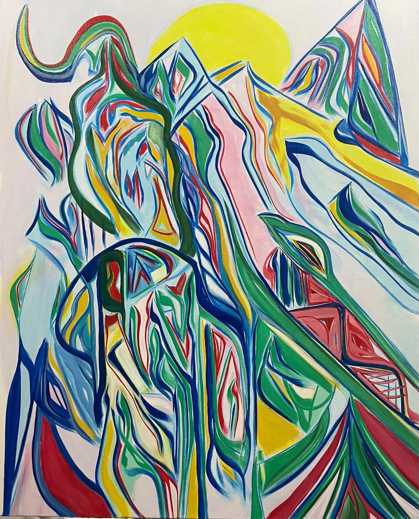 Ascension by James Kenton Pierce, with green, blue, yellow and red painted forms rising across a pale field.