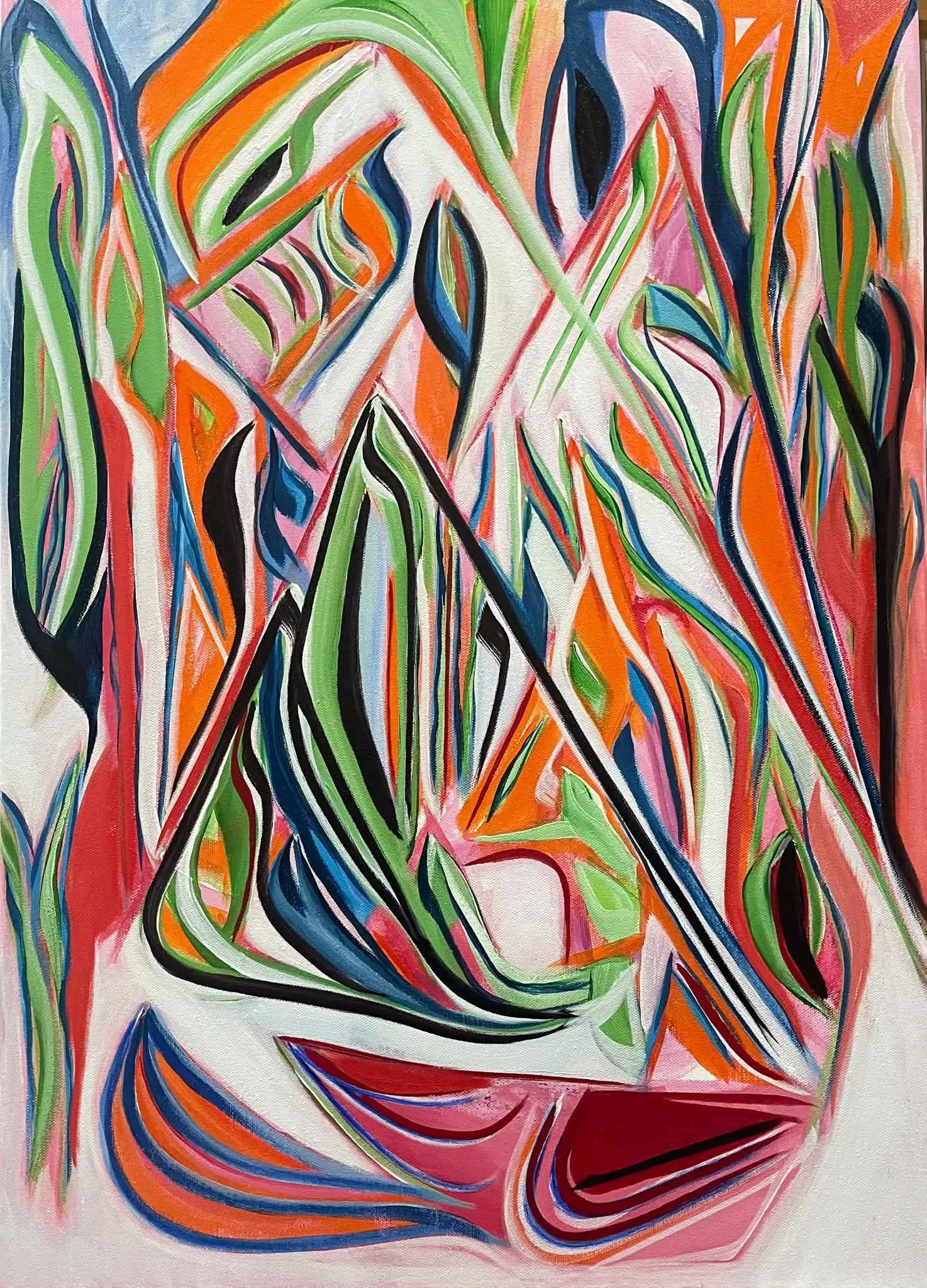 Untitled recent abstract painting by James Kenton Pierce with orange, green, blue, black, and pale linear forms.