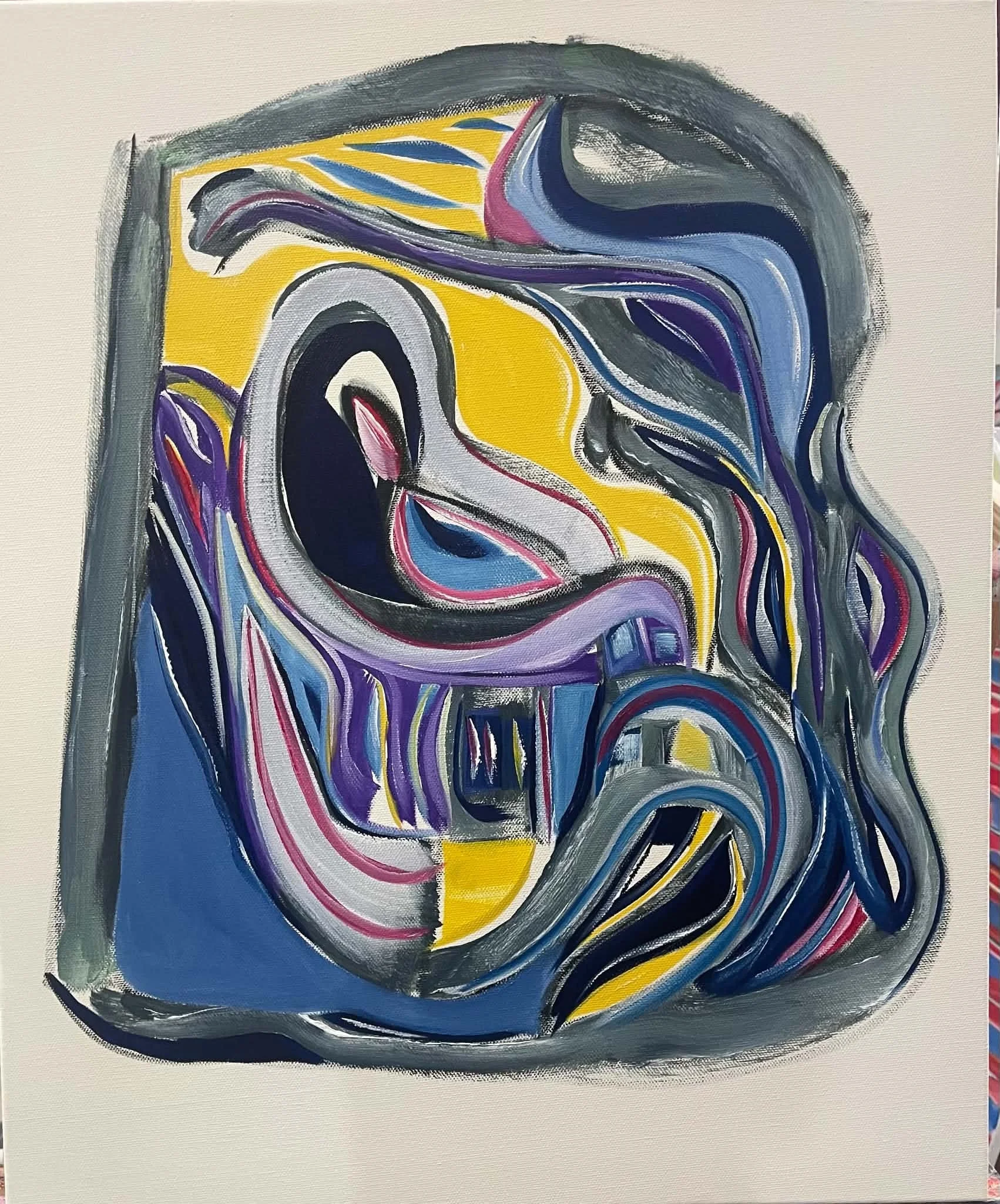 Lingua Franca by James Kenton Pierce, with blue, violet, yellow and black painted lines moving across a pale field.