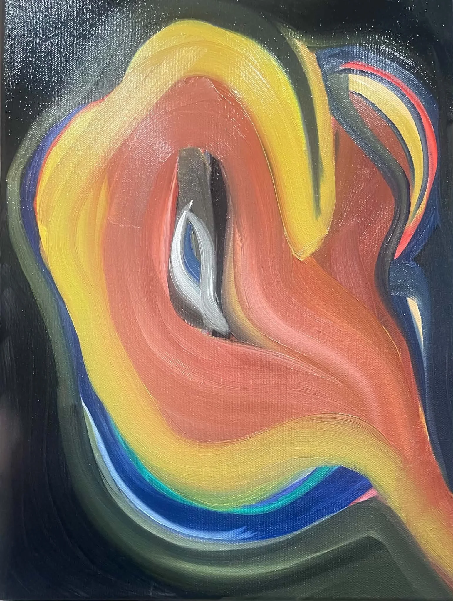Lumen, an abstract painting by James Kenton Pierce with luminous coral, yellow, blue, and green gestures on black.