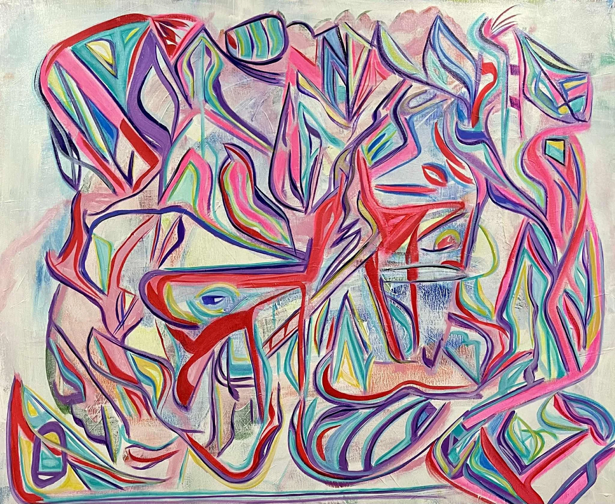 Colorful abstract painting by James Kenton Pierce with red, violet, turquoise and green gestural forms.