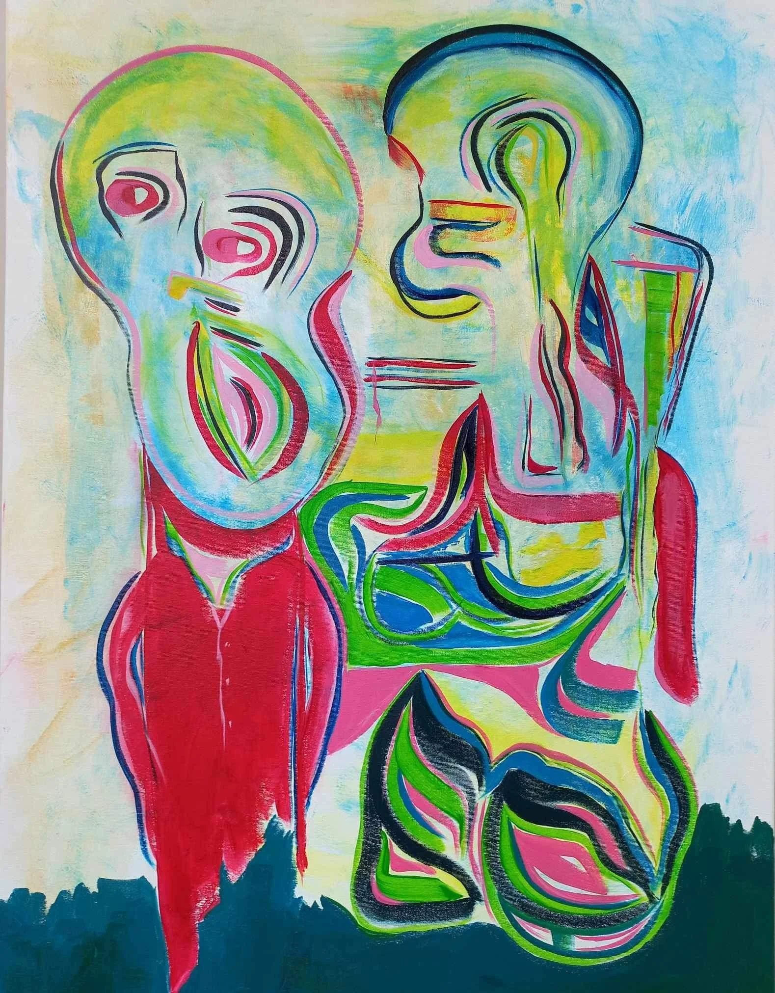 Figurative painting by James Kenton Pierce with two intertwined forms in red, green, blue, pink and yellow.