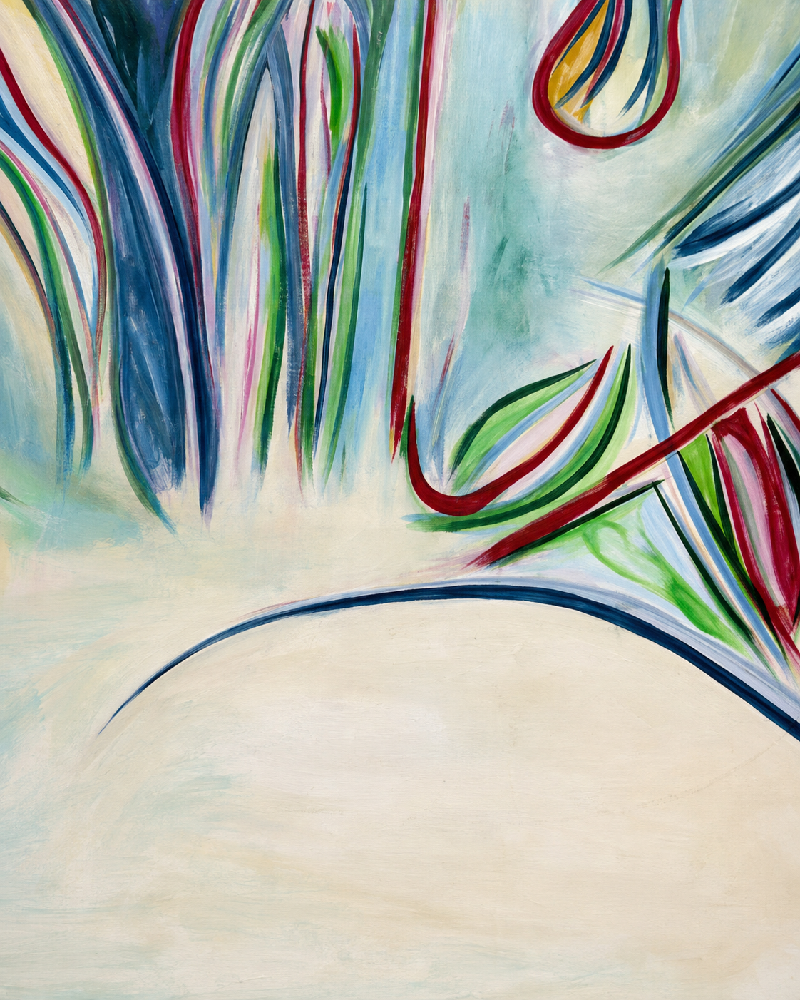 Close brushstroke detail from a James Kenton Pierce painting in blue, red, green and pale aqua.