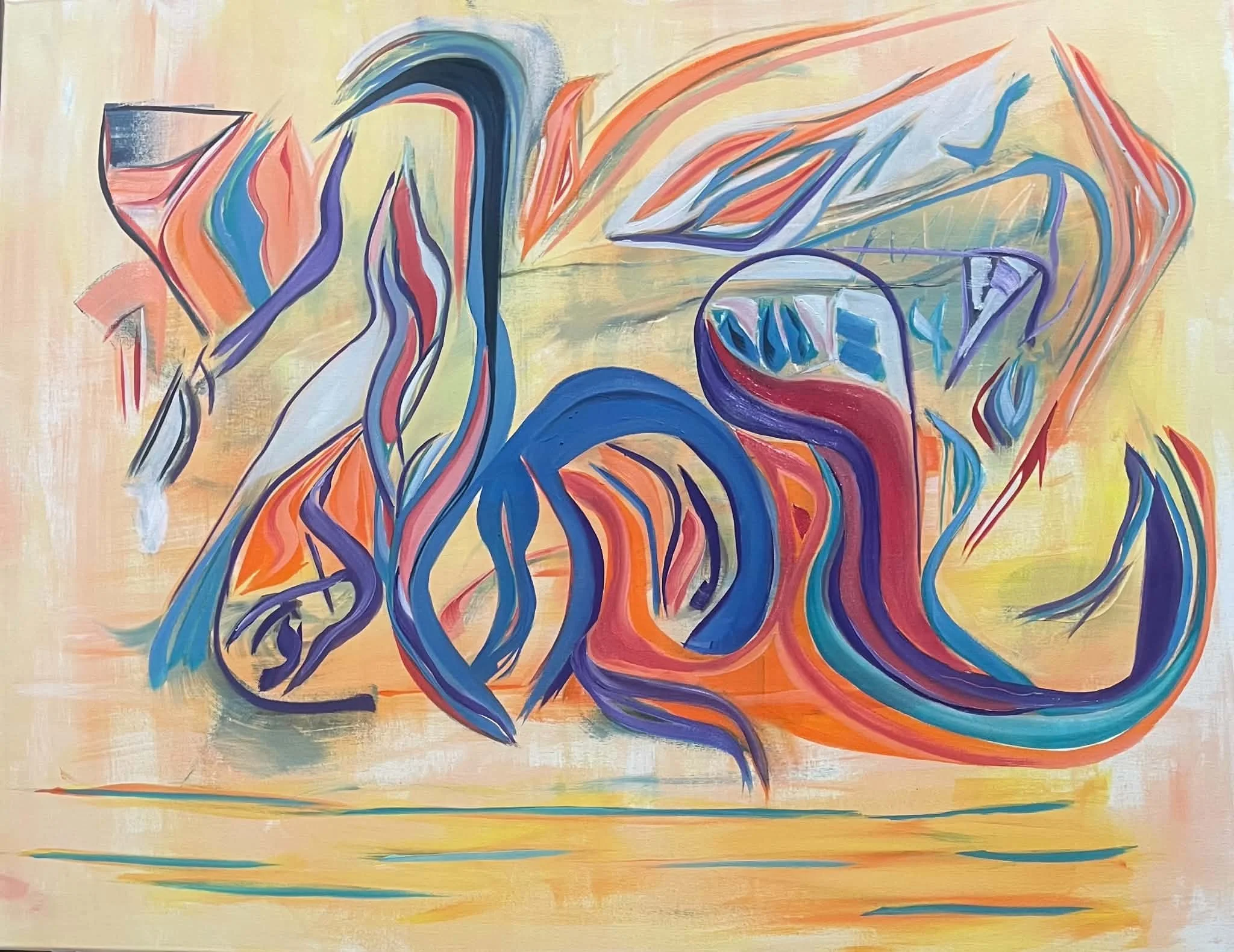 Uplift by James Kenton Pierce, with blue, violet, coral and black painted forms moving across a pale field.