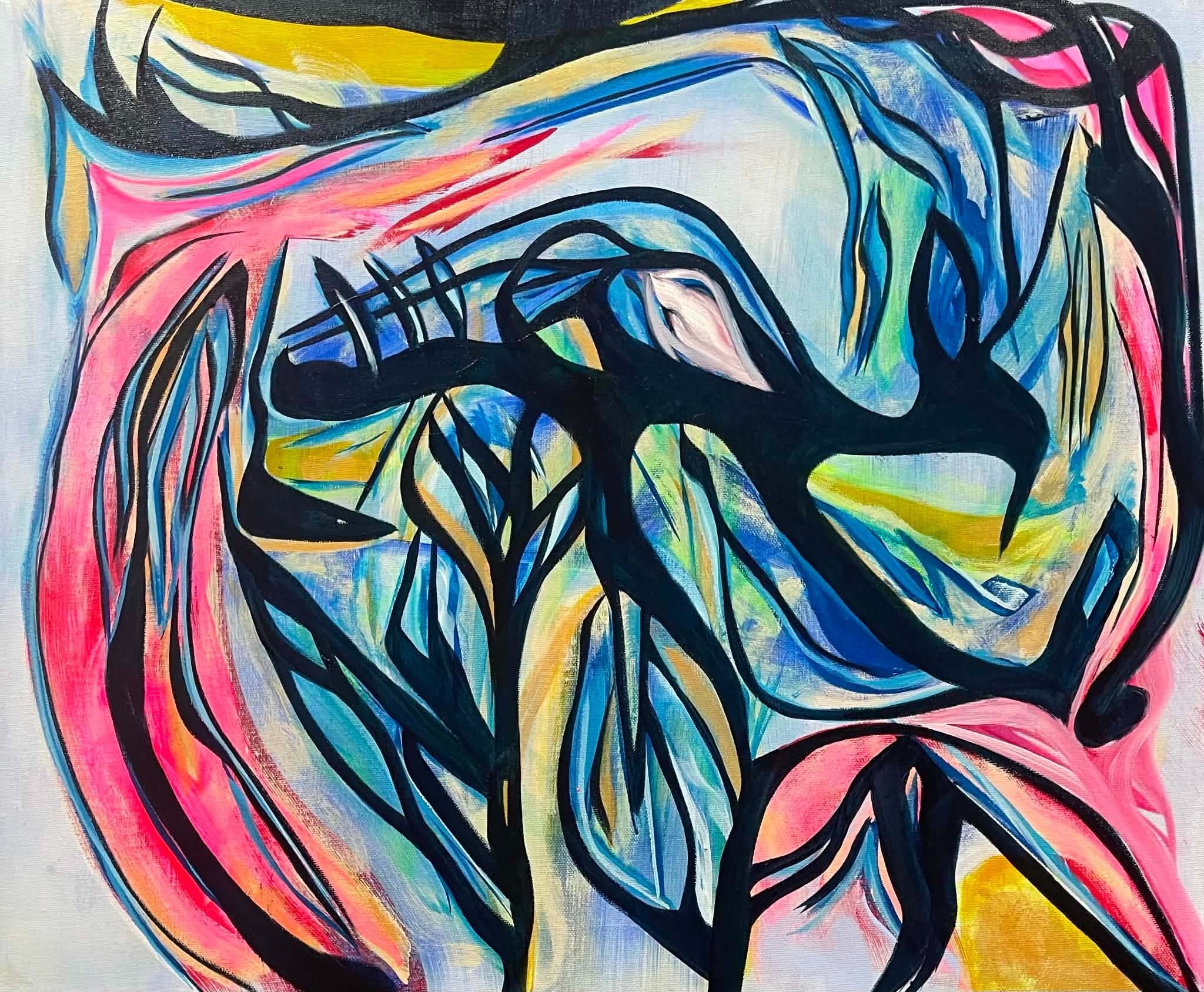 Black Flame Tree by James Kenton Pierce, with black, green, red, blue and pale painted forms moving across a light field.