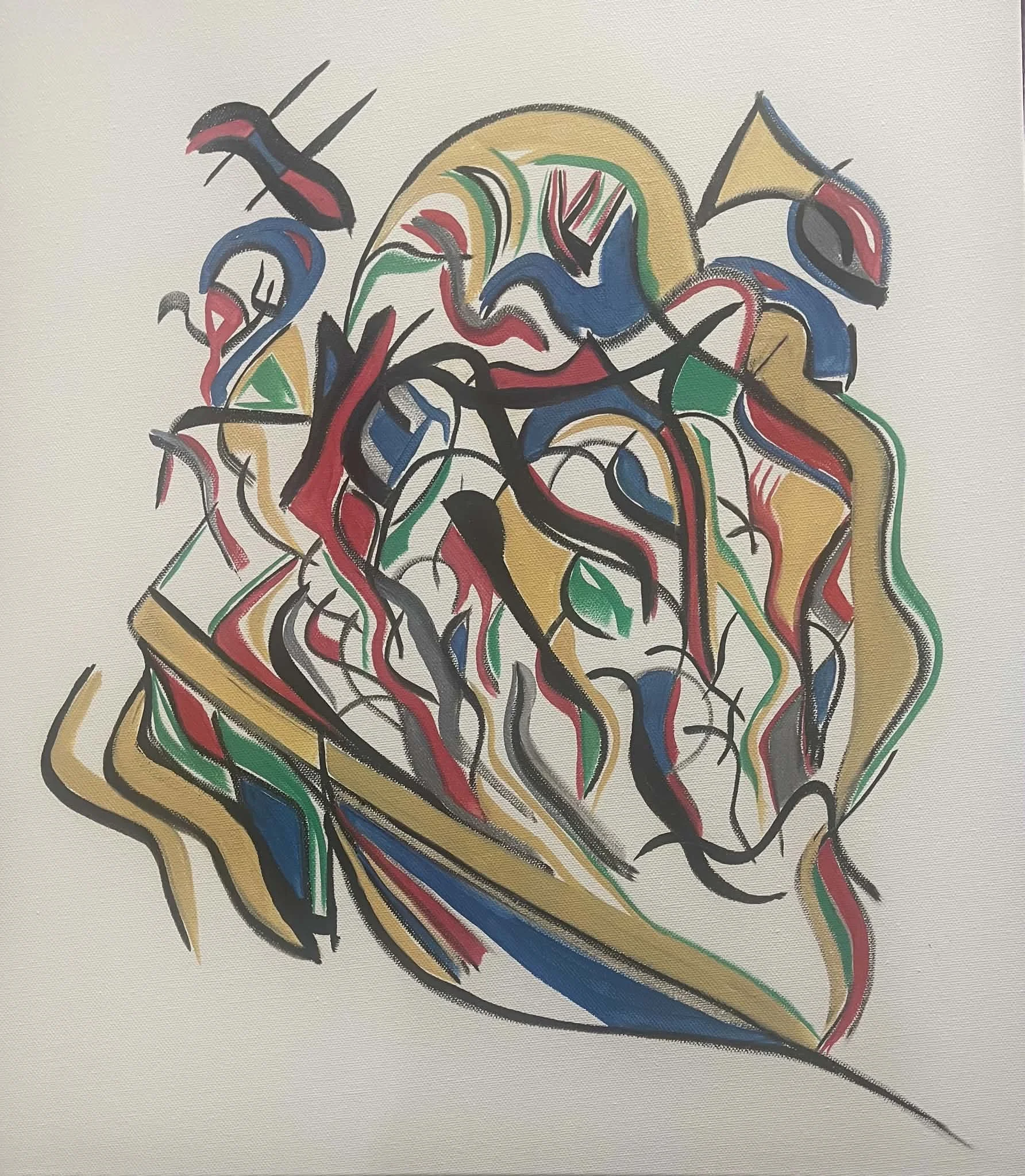 Mother Tongue, an abstract painting by James Kenton Pierce with layered linear gestures on a pale ground.