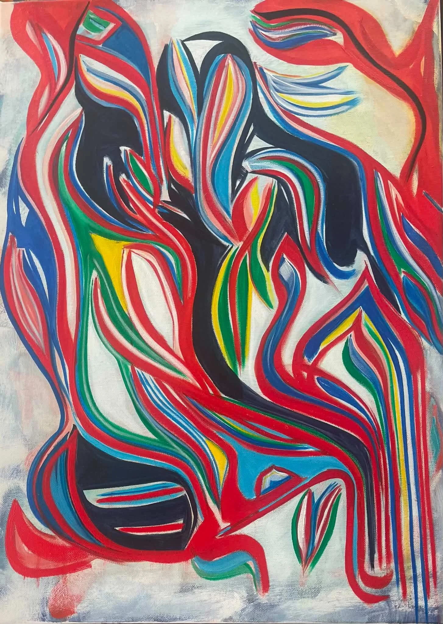 Untitled recent abstract painting by James Kenton Pierce with red, blue, green, black, and pale sweeping forms.