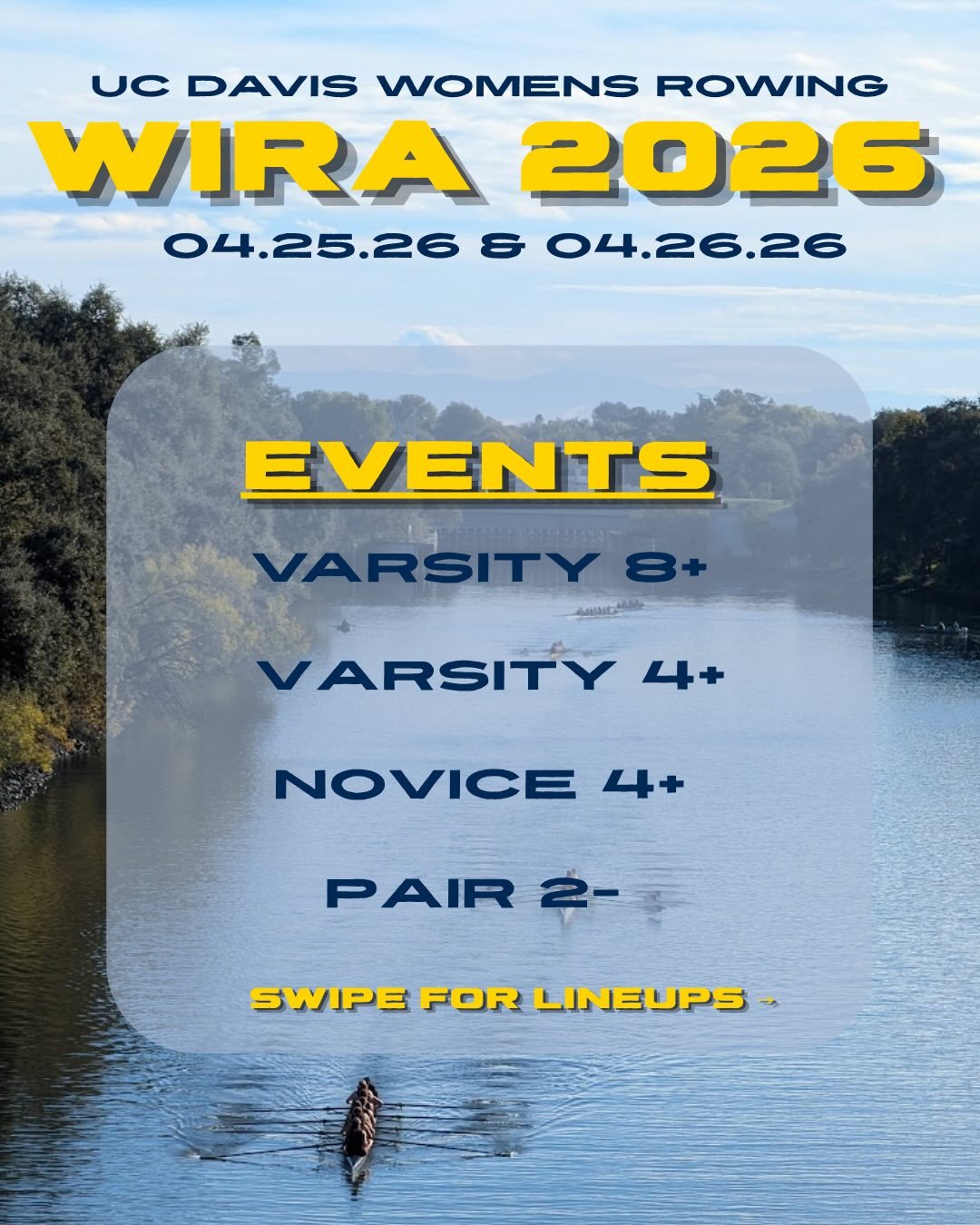 Get excited, it's race week! UCD Women's Rowing will be competing at WIRA on Lake Natoma with 4 boats on the water this weekend. Swipe for lineups and GO AGS!!

#wira #ucdrowing