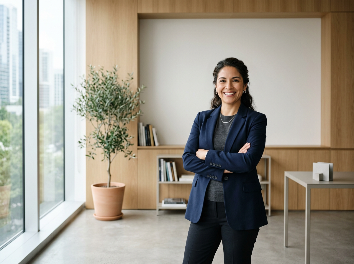 Professional woman standing with arms crossed in modern office with large window, potted plant, bookshelf, and minimalist decor.
