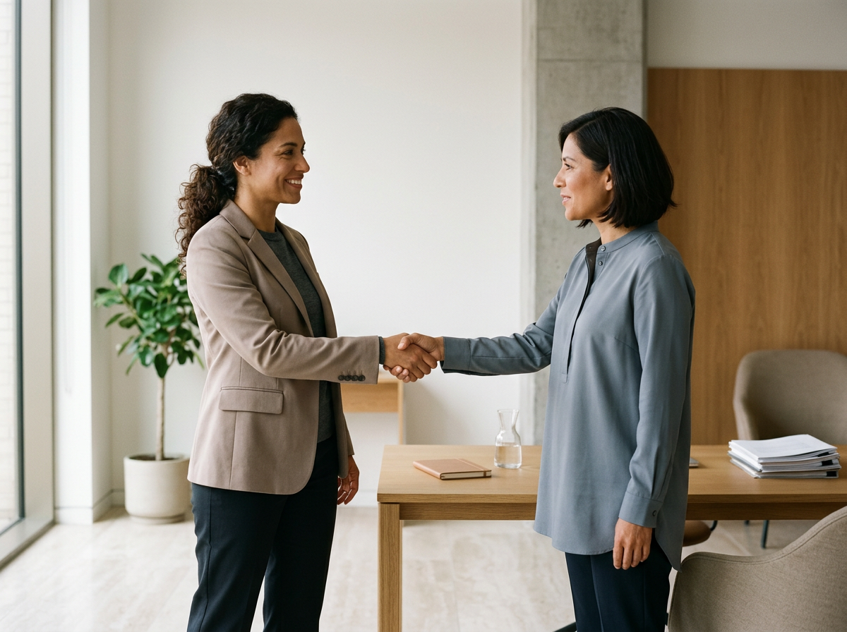 Two women shaking hands in a modern office, smiling at each other.