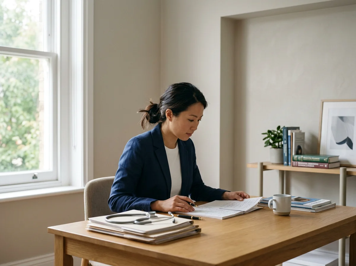 A woman in a blue blazer sitting at a wooden desk, reviewing documents with a stethoscope and a mug nearby, in a well-lit room with a window and shelves with books and framed art.