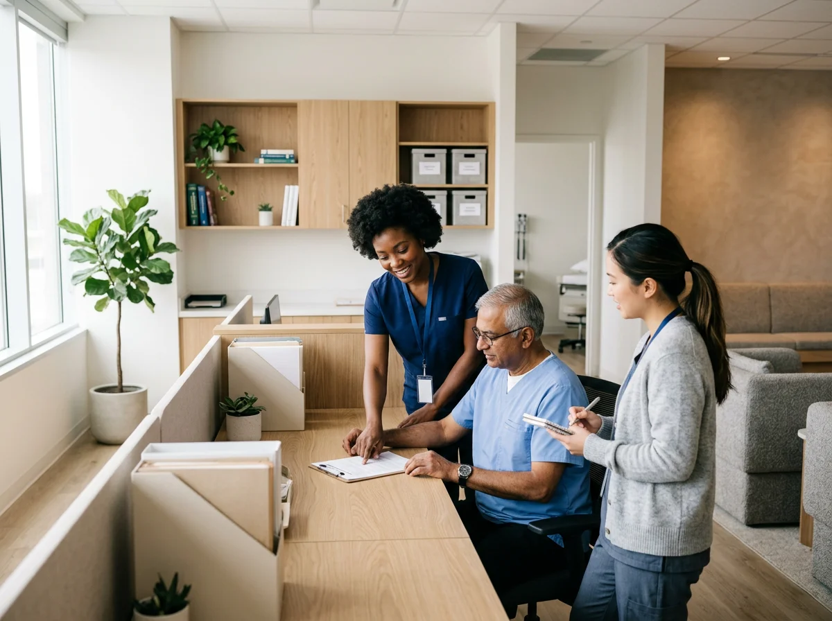 Three healthcare workers in discussion at a desk in a medical office, one nurse pointing at a document.