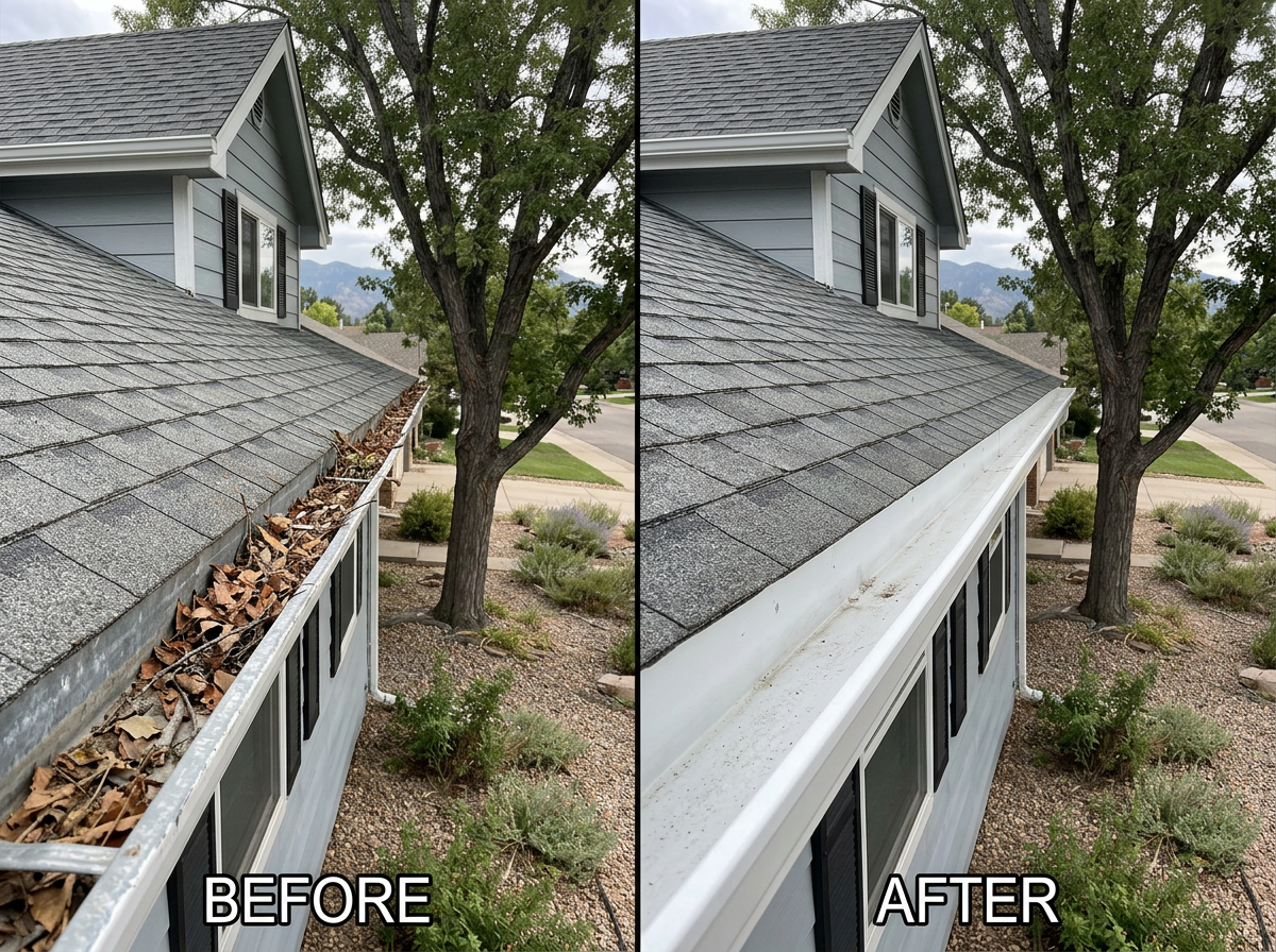Gutter cleaning before and after on a home in Boulder County, Colorado