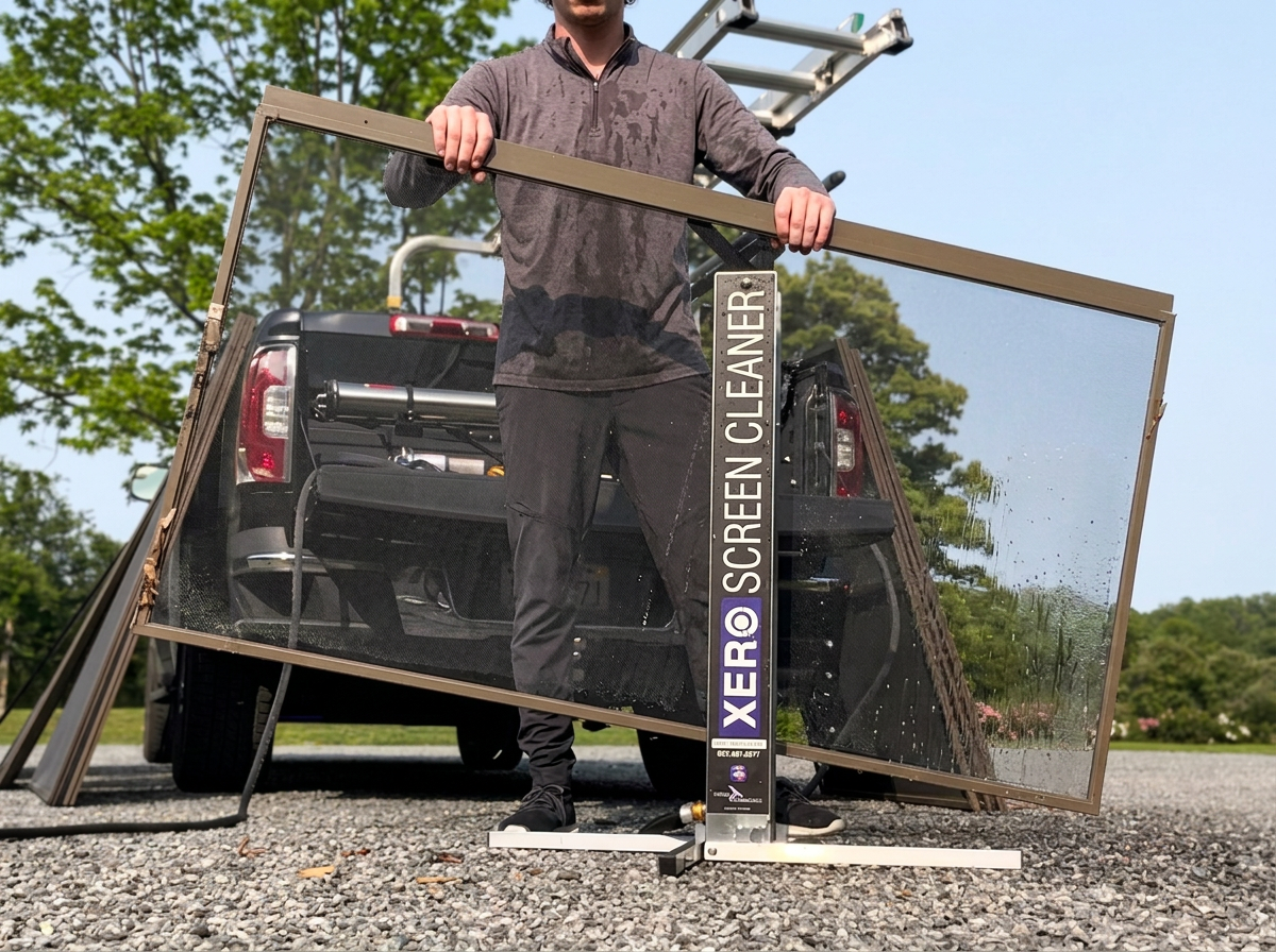 Spruce technician cleaning window screens with a screen washing station in Boulder County