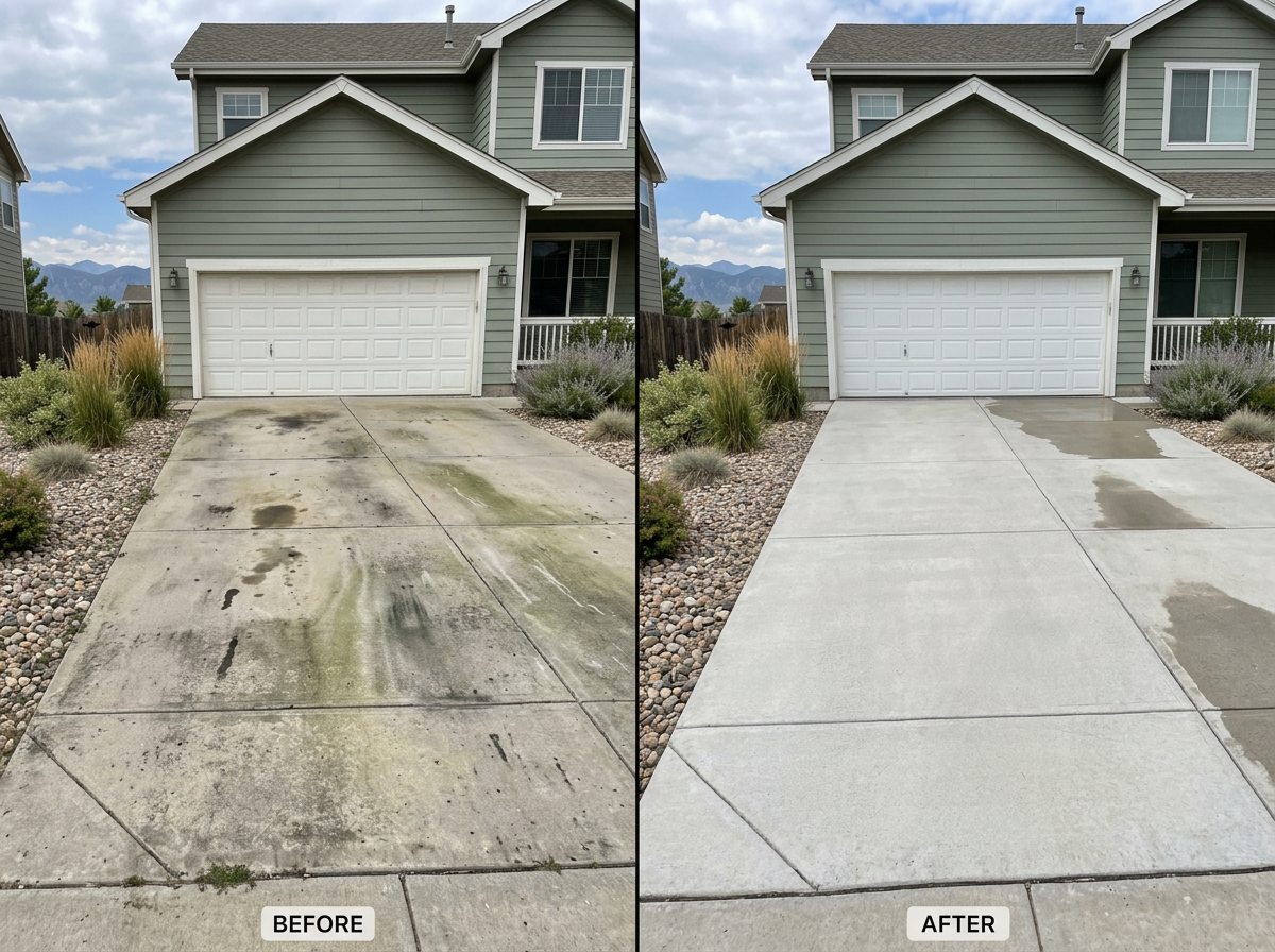 Driveway pressure washing before and after in Boulder County, Colorado