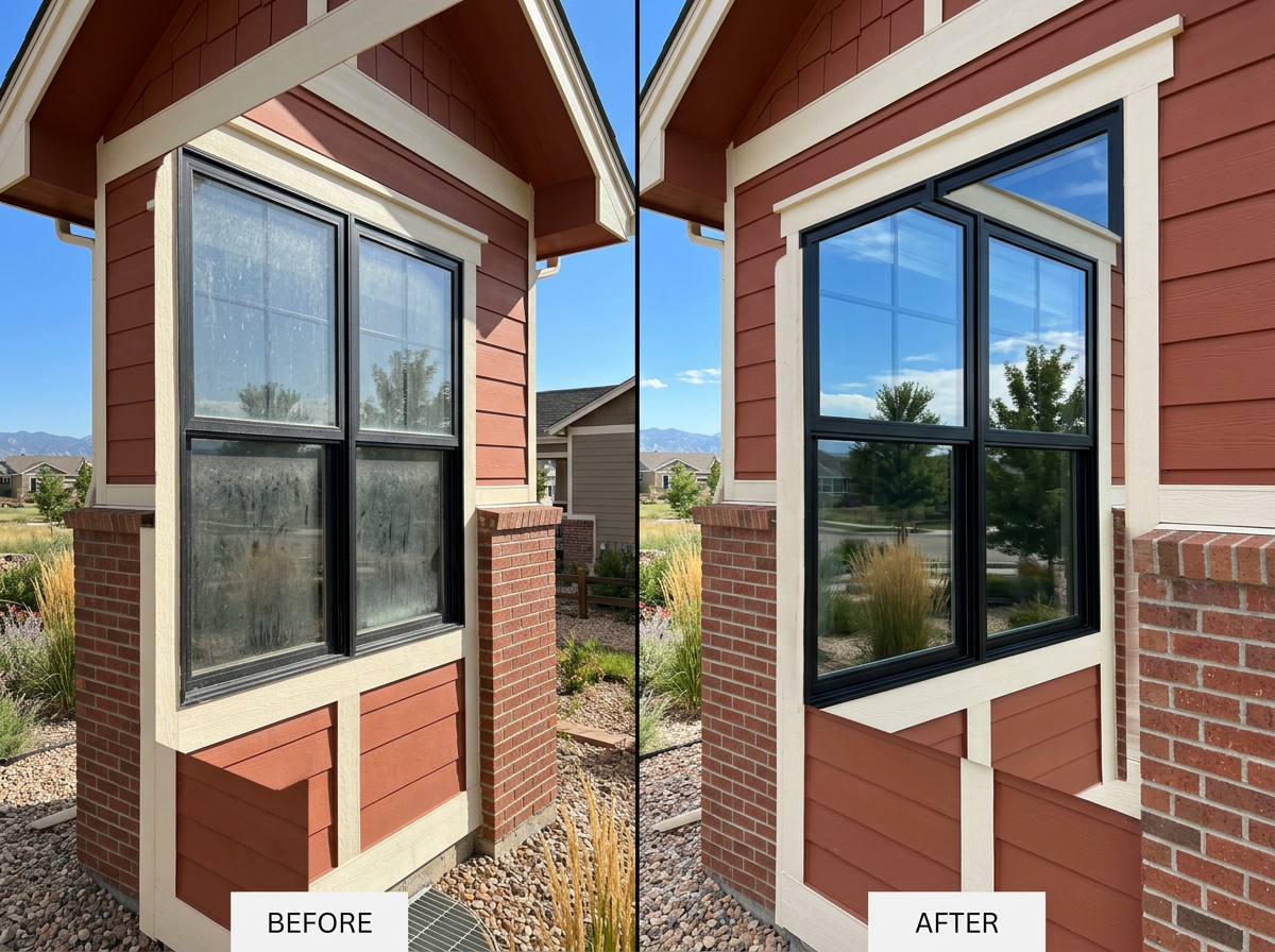 Window washing before and after on a home in Boulder County, Colorado