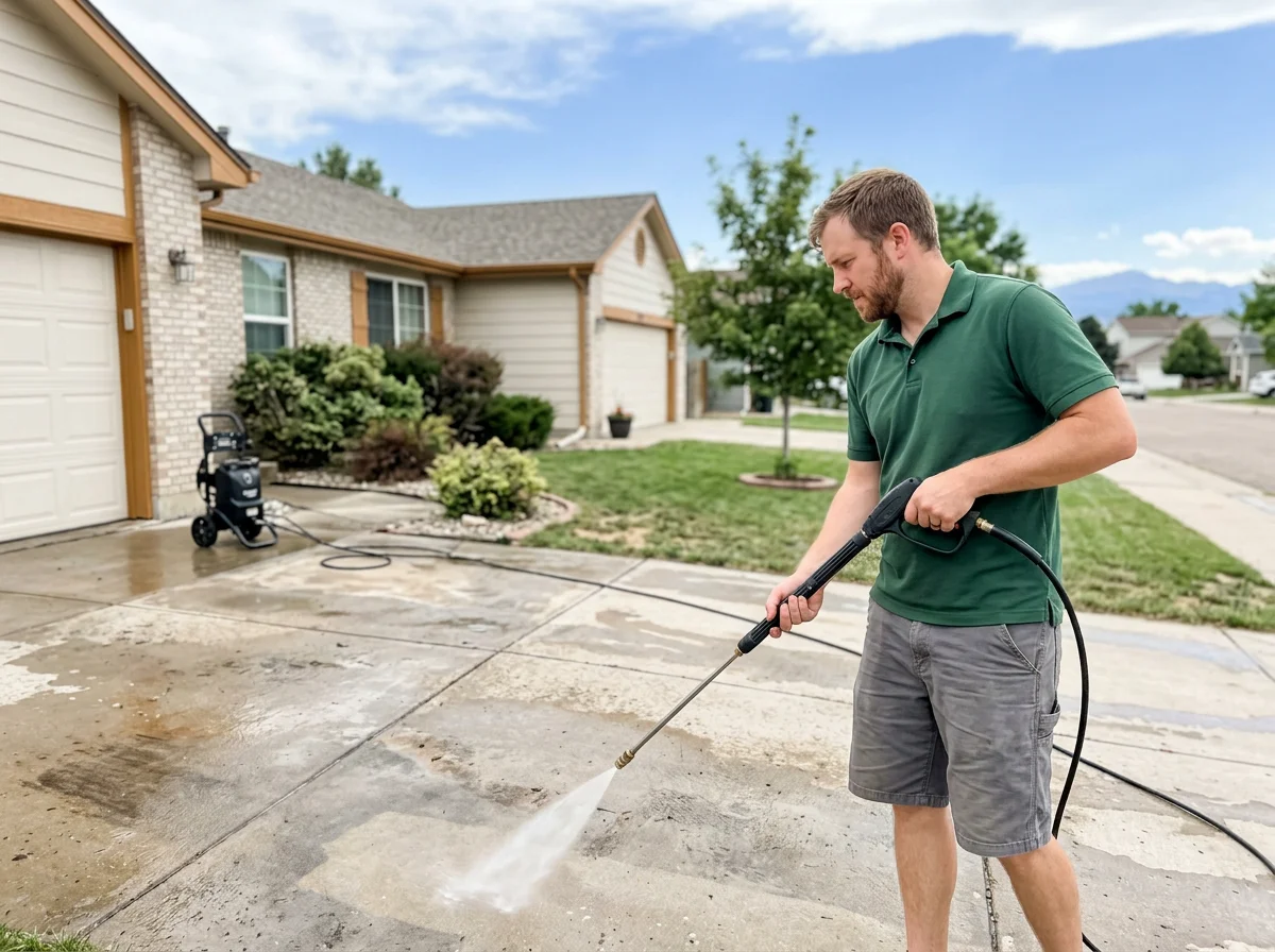Spruce pressure washing a concrete driveway in Boulder County, Colorado
