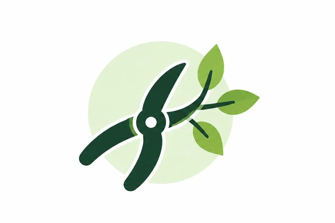Illustration of garden pruning shears holding green leaves, with a light green circle in the background.
