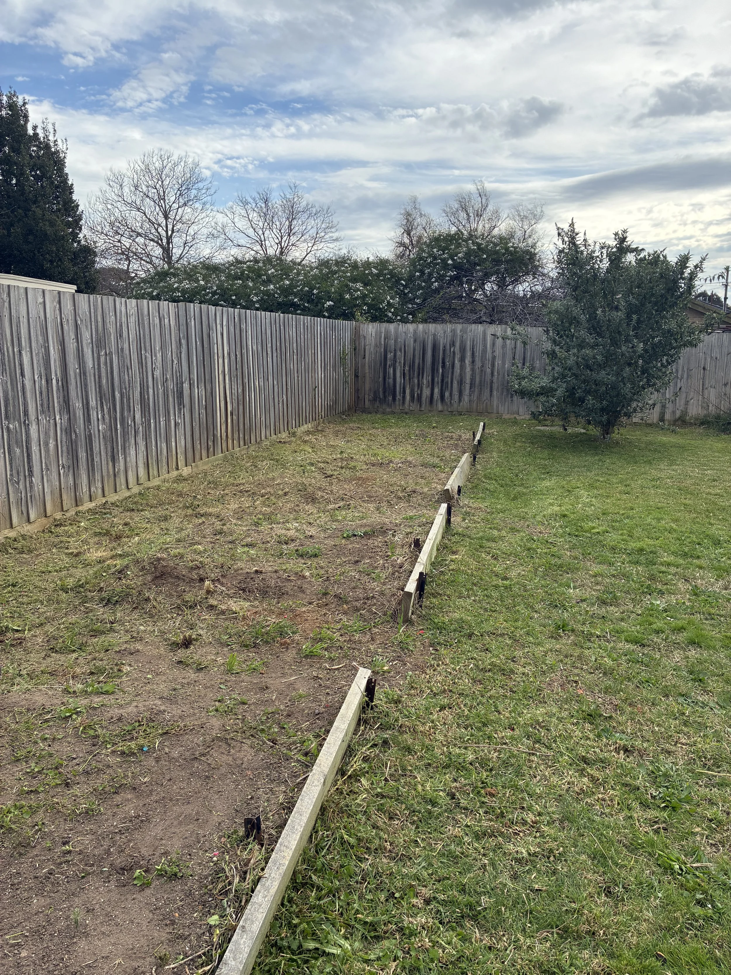 A backyard with a wooden fence on the left side, a small patch of dirt and cut grass in the center, and a grassy area with a small bush on the right. The sky is partly cloudy with patches of blue.