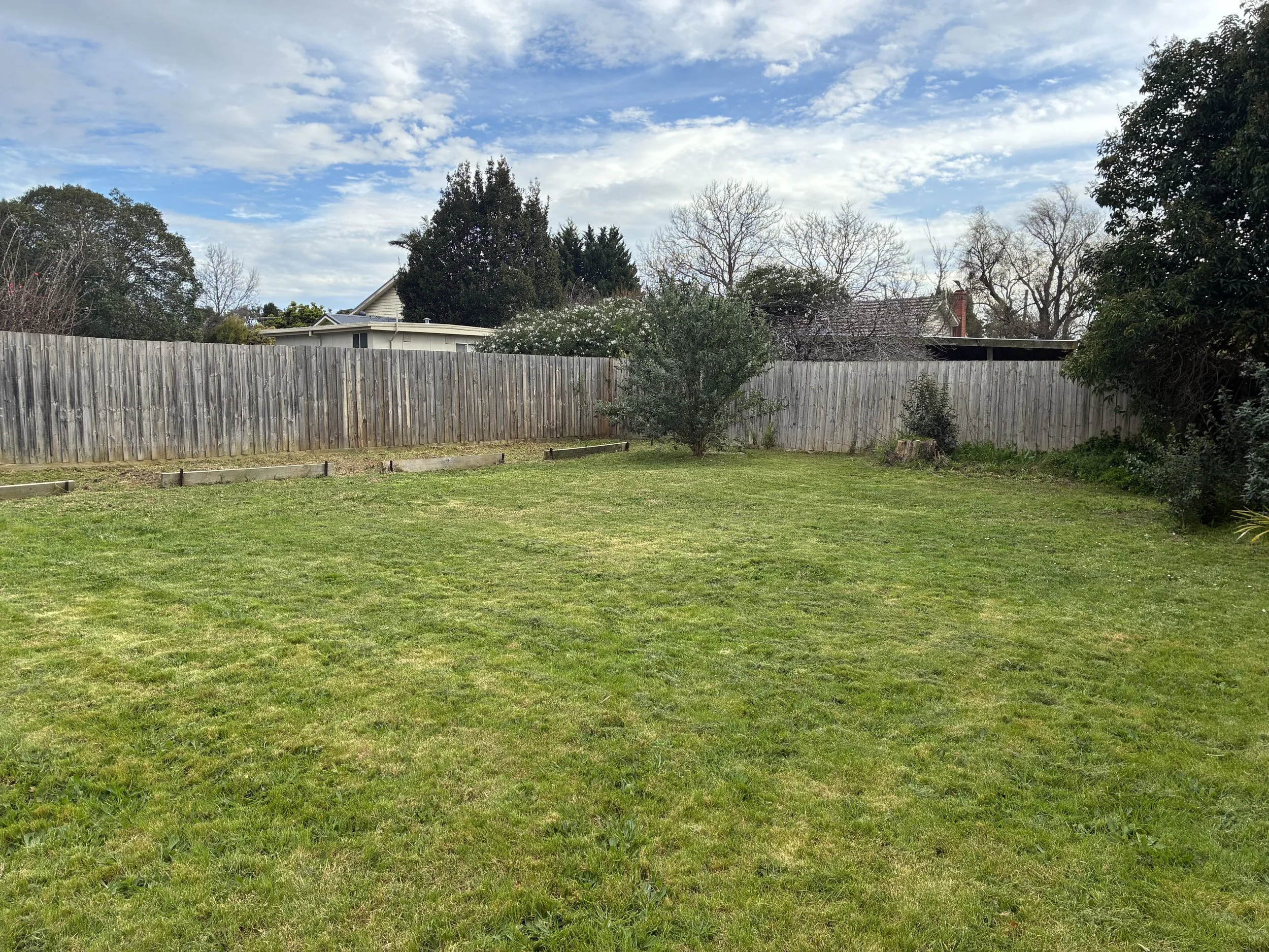 A backyard with a grassy lawn, a weathered wooden fence, and a variety of trees. The sky is partly cloudy with some blue visible.