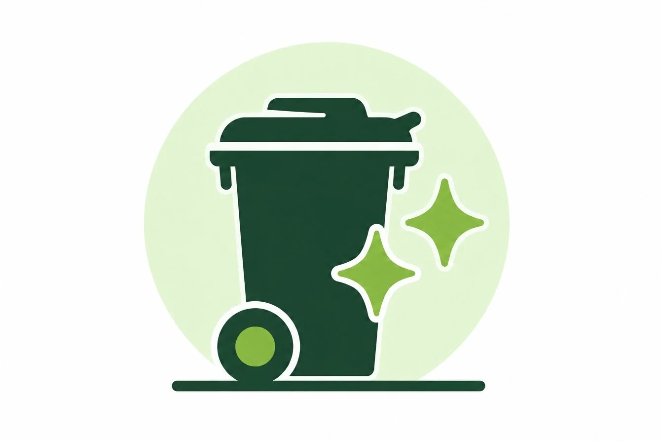 A graphic illustration of a trash can with a lid, surrounded by two green sparkle icons, set against a light green circular background.