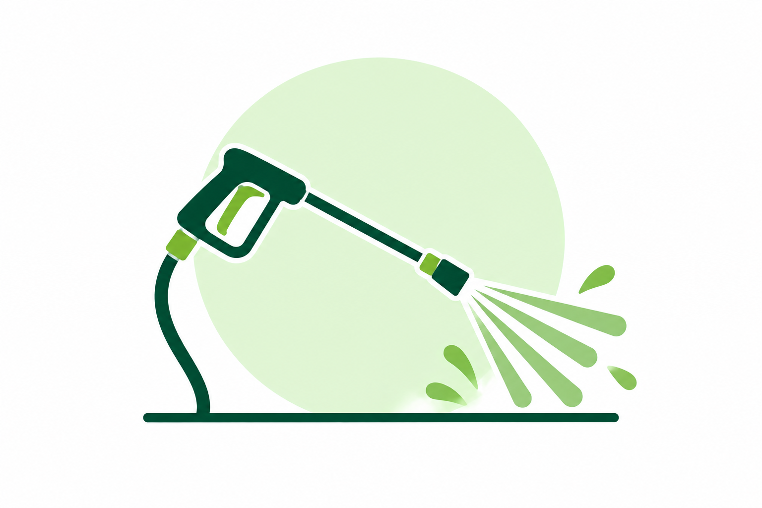 A stylized illustration of a garden hose with a spray nozzle spraying water onto the ground, with a green circular background.