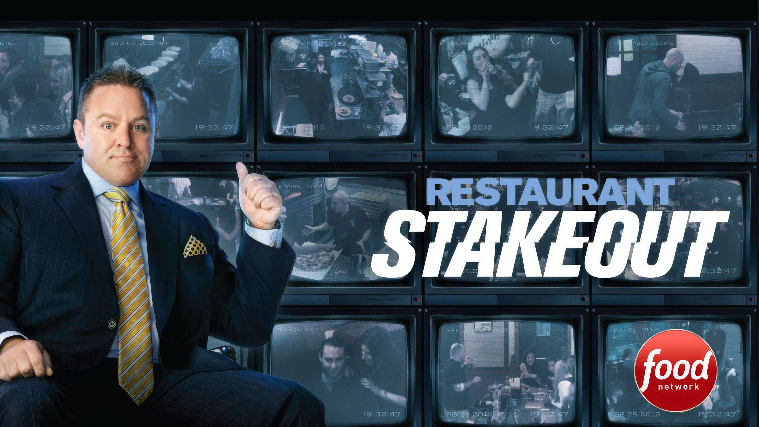 A man in a business suit with a yellow striped tie, standing in front of multiple television screens displaying various images, with the words 'Restaurant Stakeout' and the Food Network logo on the screens.