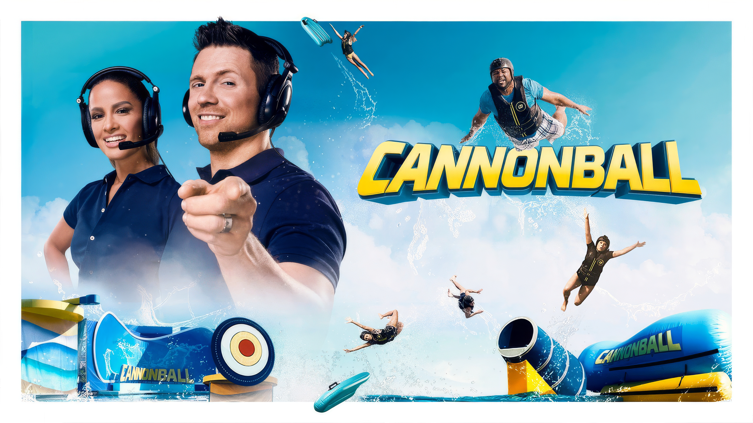Promotional poster for CannoBall featuring two smiling hosts with headsets, water splashing, and people jumping into a water cannon, with the game's name in bold yellow letters.