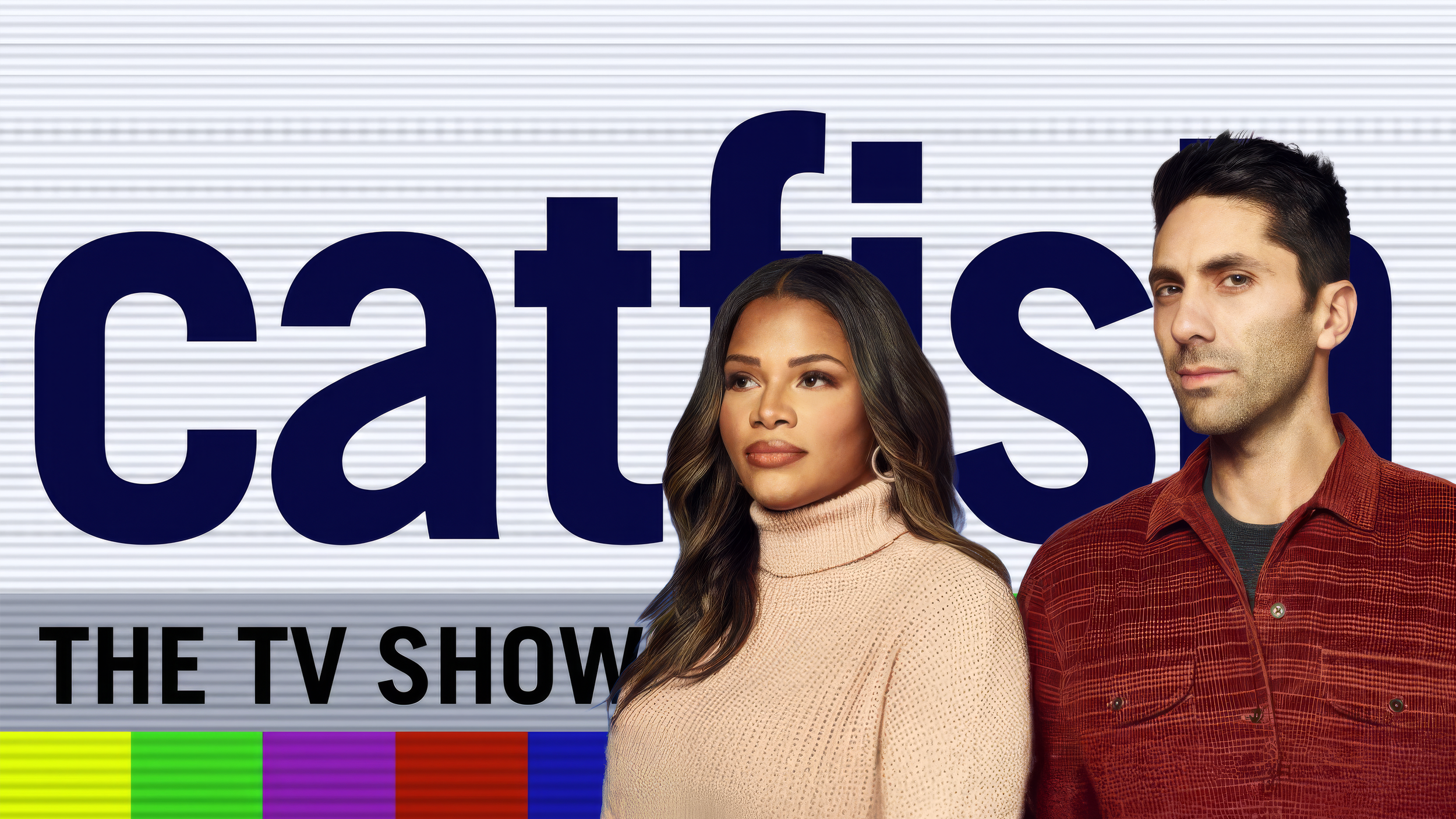 Promotional image for the TV show 'FBI' featuring a woman with long brown hair in a beige sweater and a man with dark hair in a red plaid shirt, with the show's title 'fbi' prominently displayed in large navy blue letters behind them.