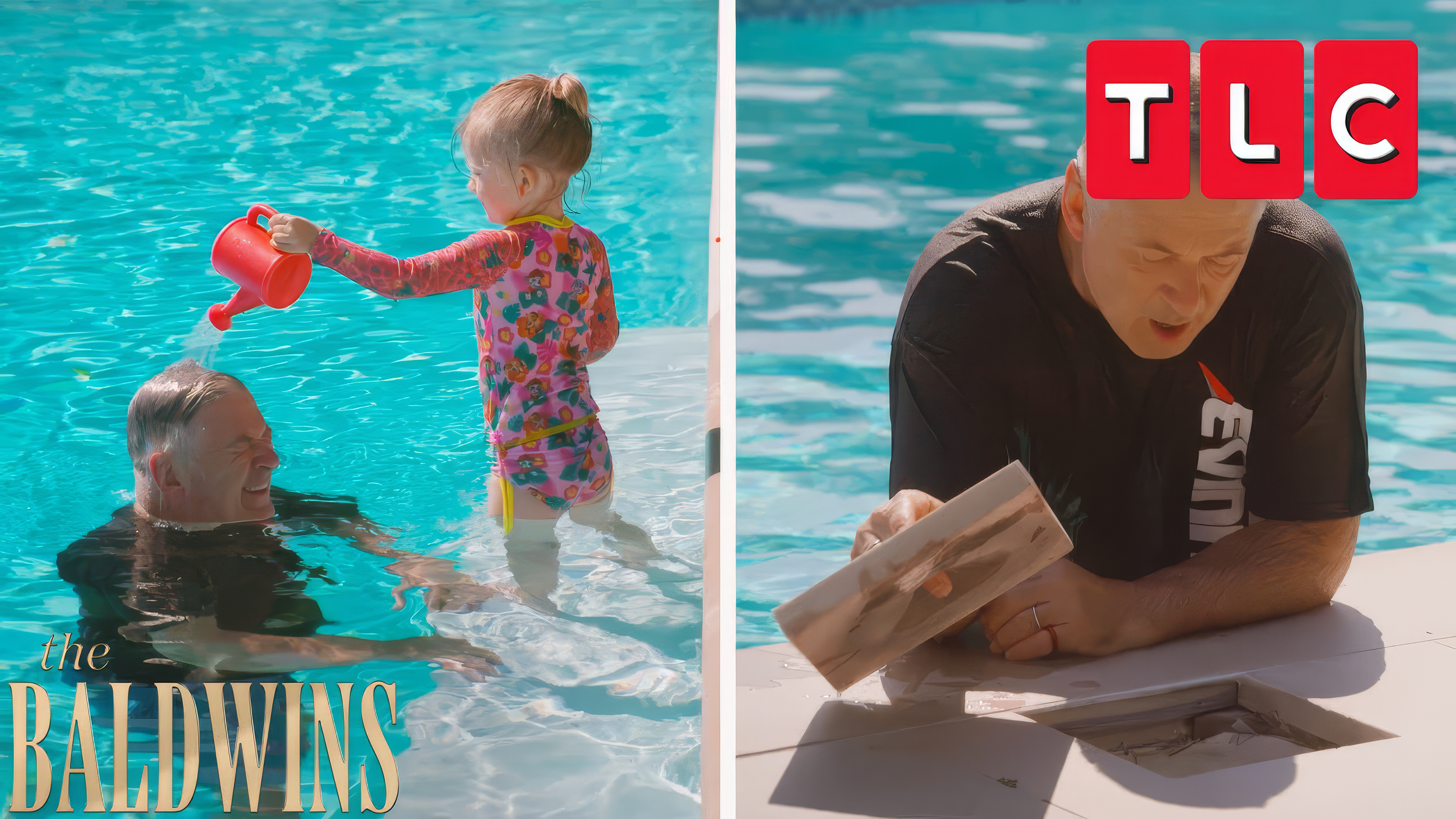 A young girl with blonde hair in a ponytail watering a person in a swimming pool, while another person is reading a book outdoors near the pool.