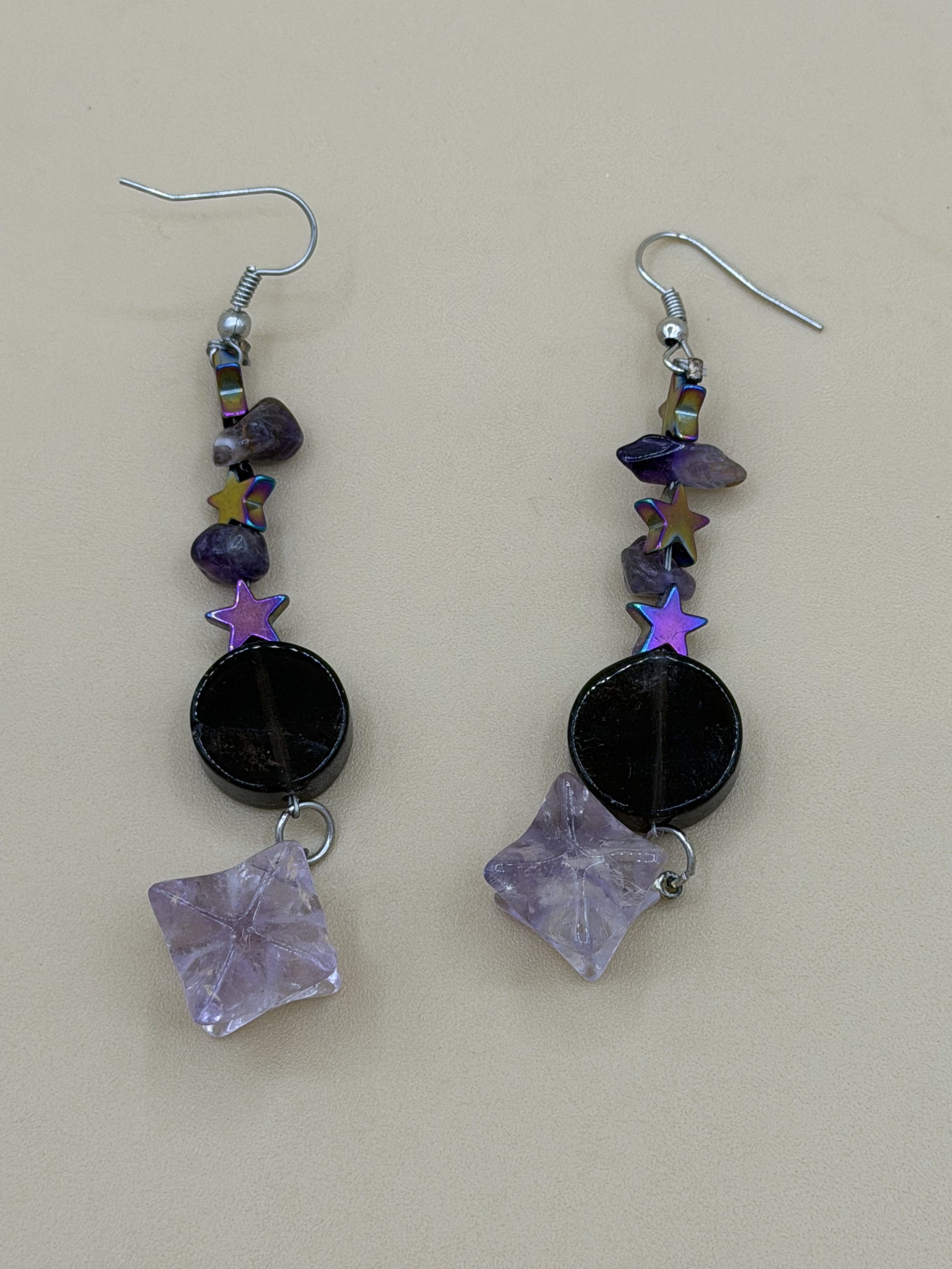 Whimsical Smoky Quartz & Amethyst Star Earrings