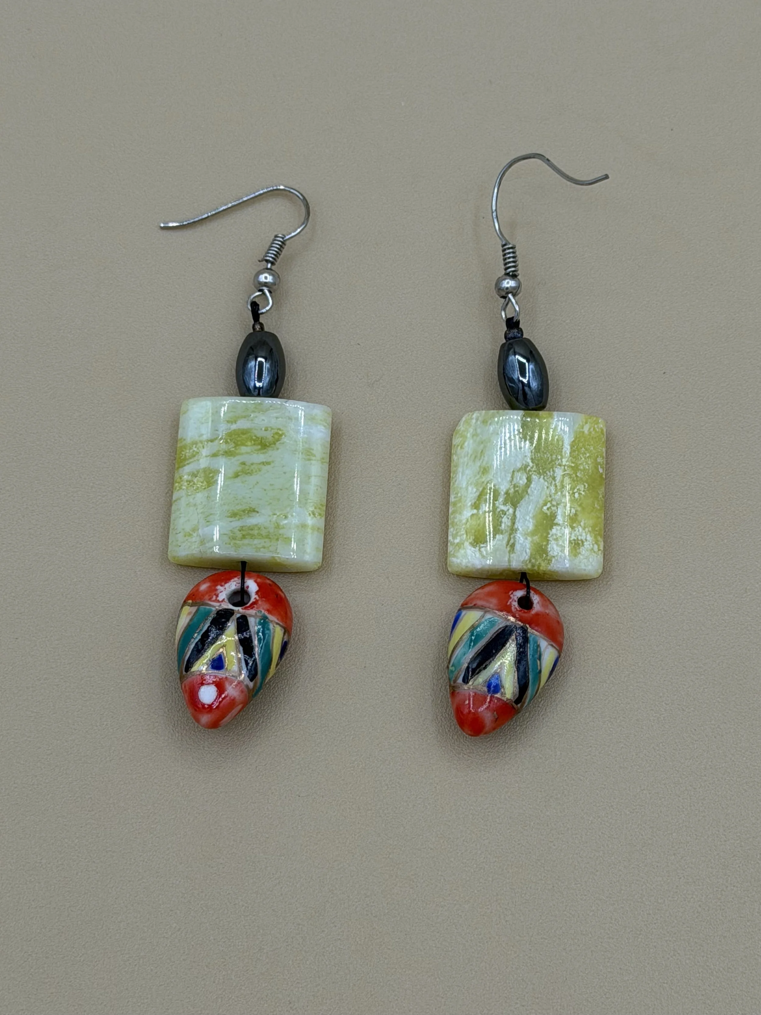 Handcrafted Aventurine & Hematite Earrings with Vintage Beads