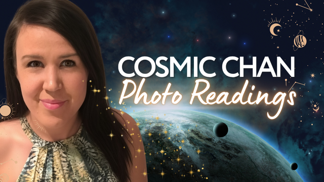 A woman smiling in front of a cosmic background with planets and stars, with text 'Cosmic Chan Photo Readings'.