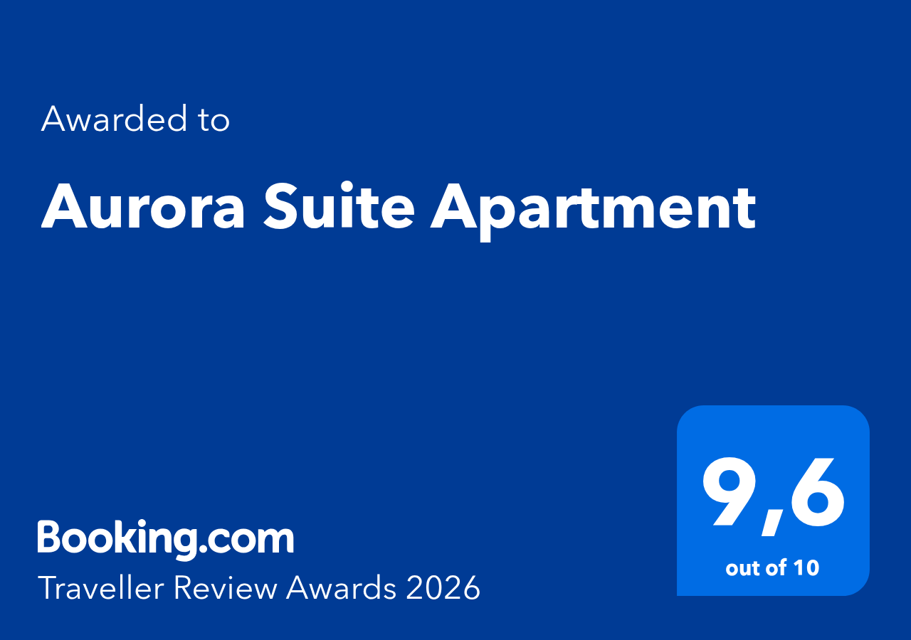 Certificato di riconoscimento a Aurora Suite Apartment da Booking.com, recensione 9,6 su 10, premio Traveller Review Awards 2026.