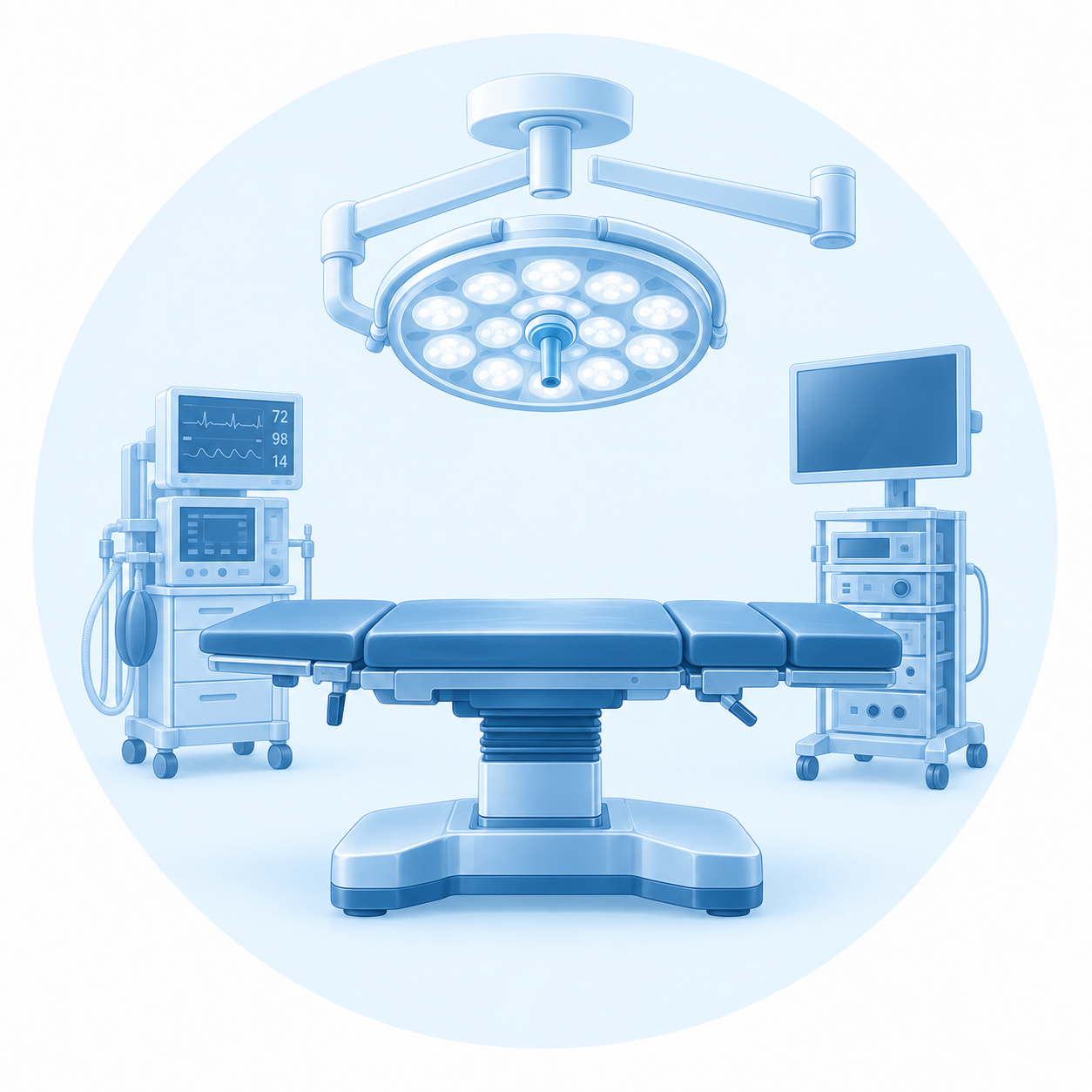 Illustration of an operating room with surgical table, surgical light, monitoring equipment, and medical monitors in blue