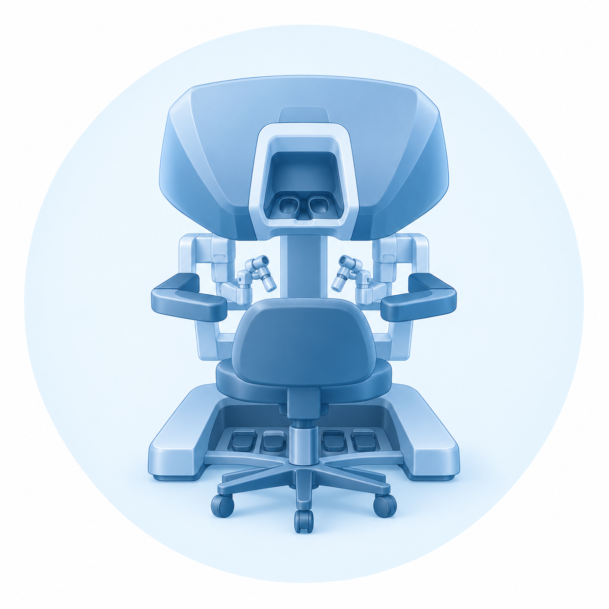 Illustration of a surgical robot in blue, with a chair, viewing field and controls