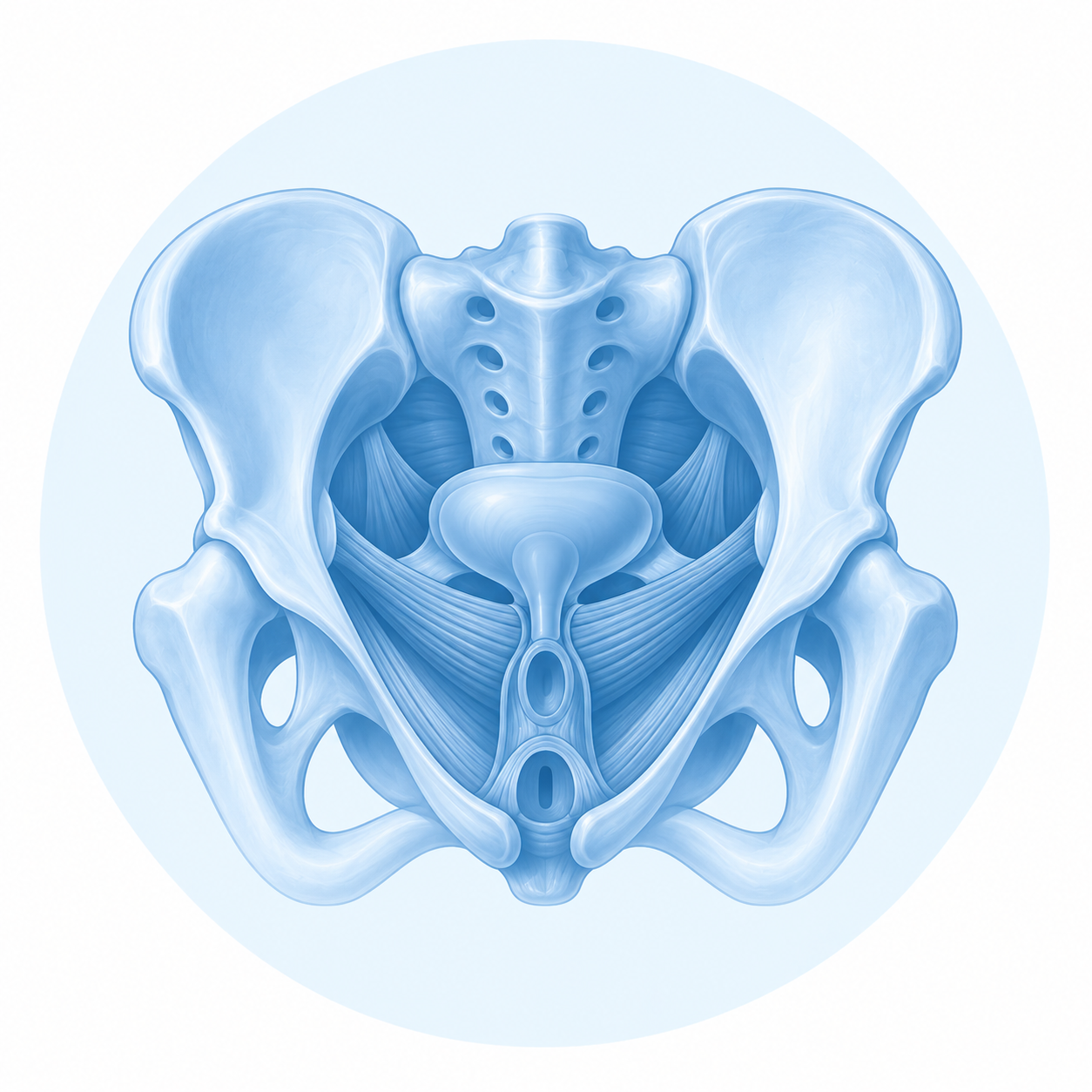 Illustration of a human pelvis with bones and associated muscles in blue.