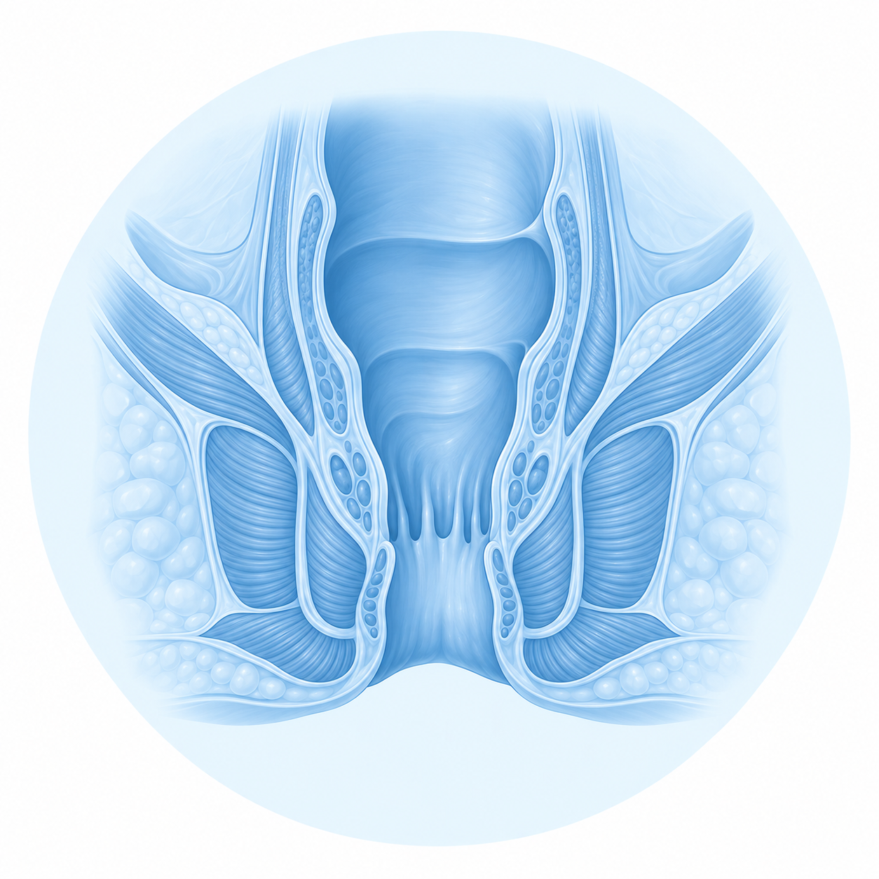 Medical illustration of the anatomy of the rectum, shown in a blue monochrome style.