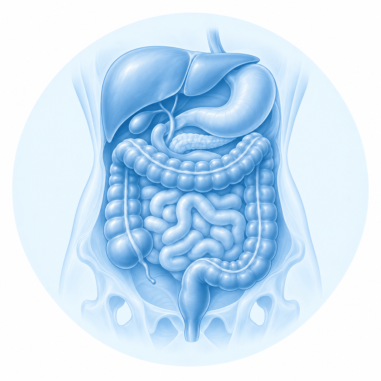 Illustration of human digestive organs, including liver, stomach, pancreas, small intestine, and large intestine.