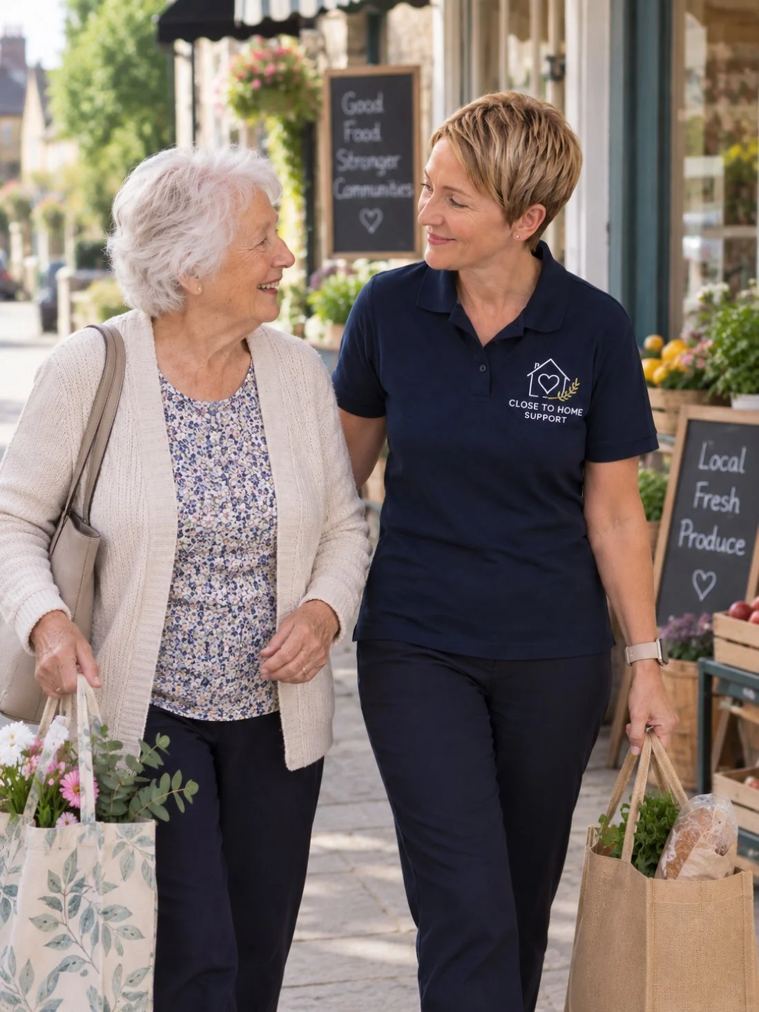 A senior woman and Sara a support worker walking together outside a store, carrying grocery bags. The support worker is wearing a navy shirt with a logo and the words 'Close to Home Support'.