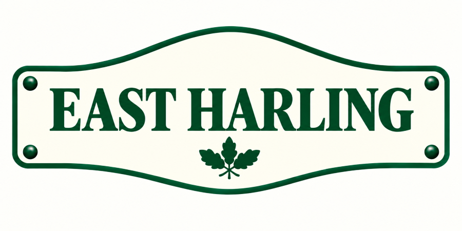 Street sign reading 'East Harling' with green lettering and a green border, featuring a small leafy branch emblem underneath.