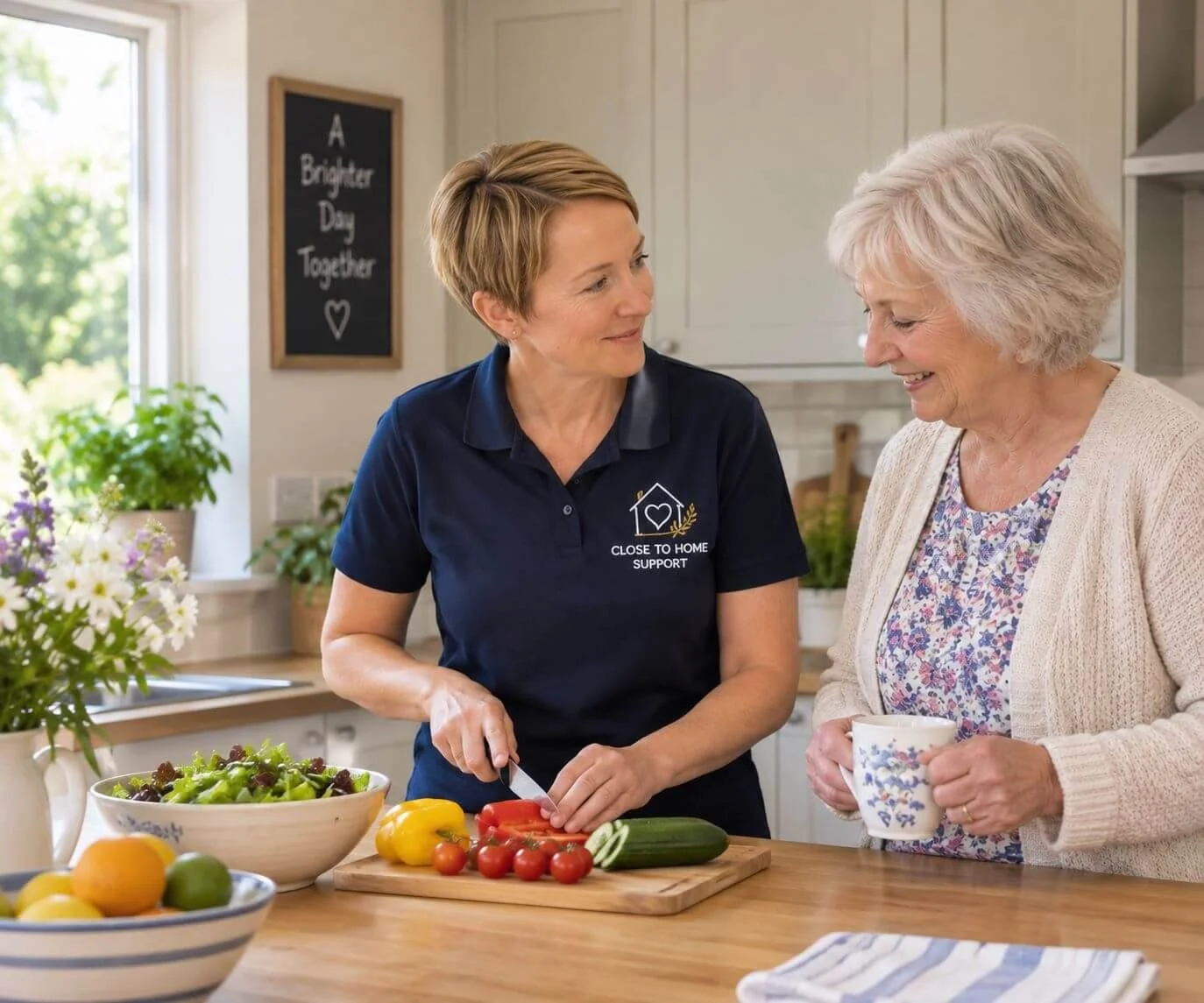 A woman wearing a navy polo shirt with support logo and a senior woman sharing a moment in a bright kitchen. The woman is slicing vegetables, and the senior woman is holding a floral mug, smiling. The kitchen counter has fresh fruits and vegetables.