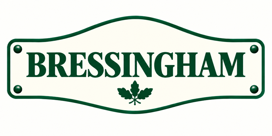 Green and white street sign with the text 'Bressingham' and a hop leaf emblem.