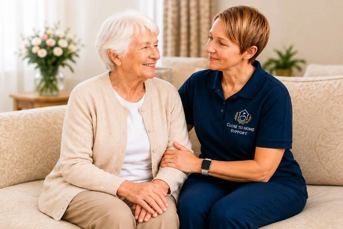 An elderly woman and a caregiver smiling at each other while sitting on a sofa in a well-lit room. The caregiver wears a navy shirt with a logo that says 'Close to Home Support'.