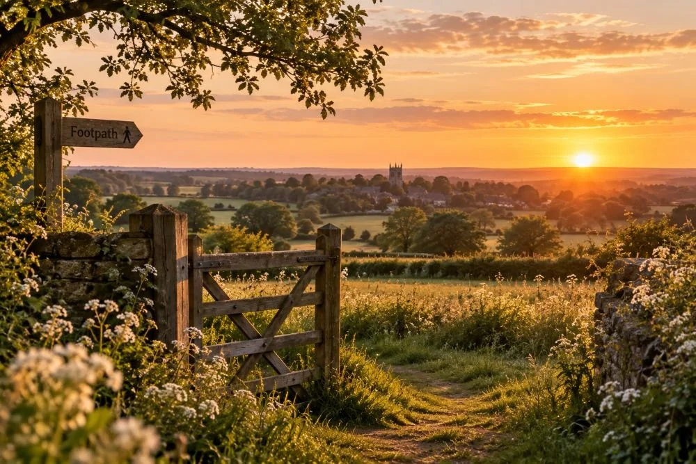 A countryside landscape at sunset with a footpath, wooden gate, and a signpost pointing to a footpath, with lush greenery and trees, and a church in the distance.