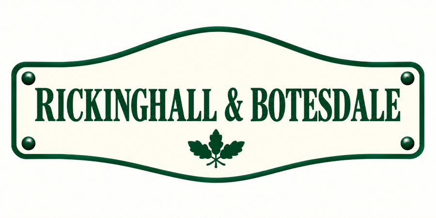 A sign with green border and text reading 'RICKINGHALL & BOTESDALE', featuring a small green leaf illustration below the text.