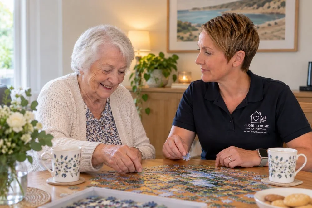 An elderly woman and a caregiver working on a puzzle together at a wooden table, the elder lady enjoying companionship.