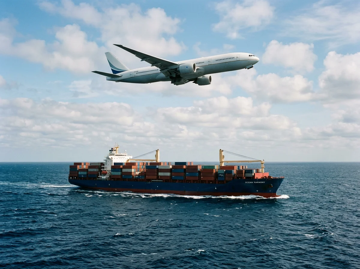 A large commercial airplane flying above a container ship in the ocean.